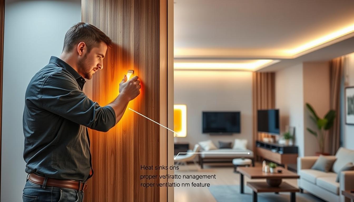 A well-lit indoor scene showcasing proper LED strip installation techniques, focusing on heat dissipation. In the foreground, a technician in smart casual attire is carefully adhering a brightly colored LED strip to a wooden surface, ensuring it's positioned away from any obstructions. The middle ground displays the LED strip integrated seamlessly into the design, with visible heat sinks and proper ventilation features to emphasize heat management. The background reveals a stylish room with modern decor, gently illuminated by the warm glow of the LED lights, creating a cozy atmosphere. The lighting is soft yet clear, highlighting the details of the installation without harsh contrasts. The brand name "imltlled" is subtly featured on the LED strip.