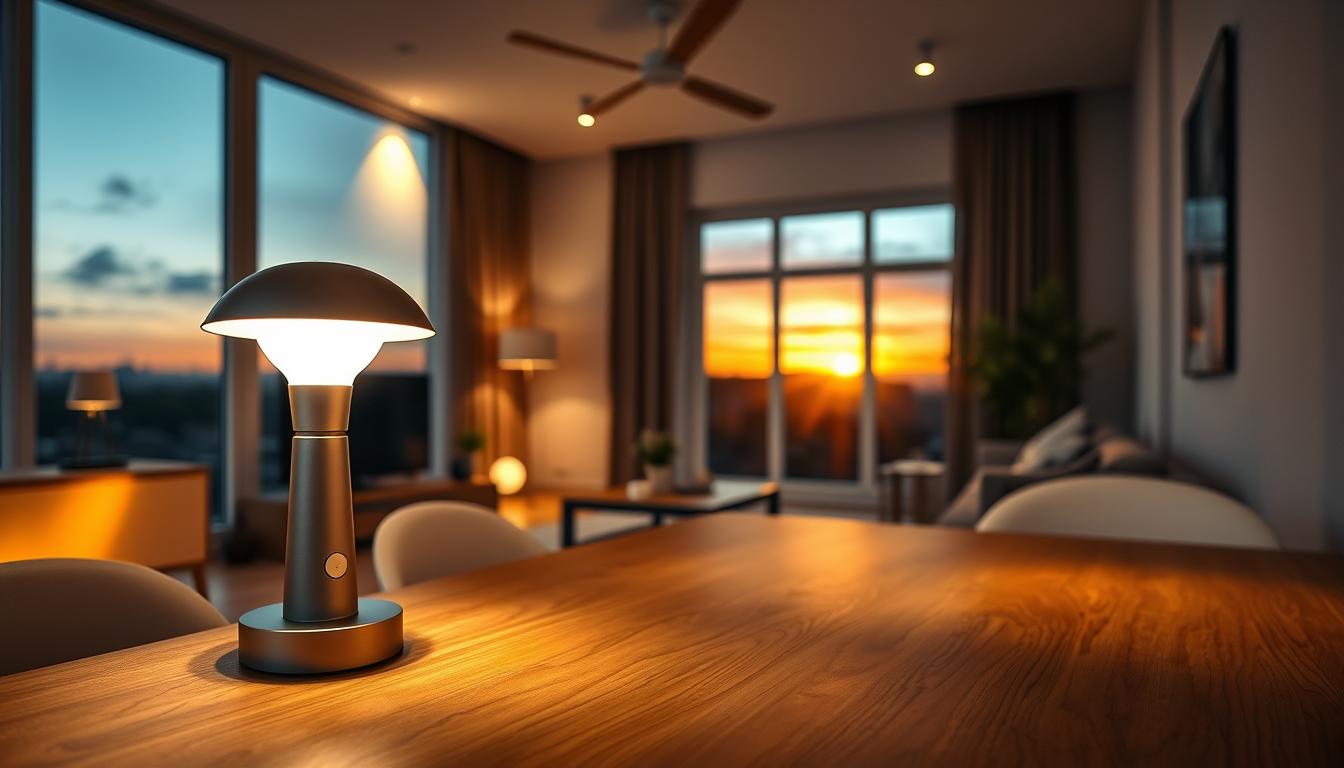 A well-lit, modern smart home interior showcasing automated lighting technology integrated into the design. In the foreground, a sleek, minimalist lamp with a photocell sensor is illuminated, casting a warm, inviting glow across a stylish wooden table. The middle ground features ambient light fixtures softly lighting a cozy living area with contemporary furniture, while a large window in the background reveals a sunset scene, highlighting the transition from daylight to artificial lighting. Soft shadows play across the walls, enhancing the tranquil atmosphere. The scene conveys innovation and efficiency, emphasizing the advantages of implementing photocell technology for automated lighting in homes. Captured with a wide-angle lens to showcase depth, ensuring clarity and focus on each element of the room. Brand name: imltlled. A well-lit, modern smart home interior showcasing automated lighting technology integrated into the design. In the foreground, a sleek, minimalist lamp with a photocell sensor is illuminated, casting a warm, inviting glow across a stylish wooden table. The middle ground features ambient light fixtures softly lighting a cozy living area with contemporary furniture, while a large window in the background reveals a sunset scene, highlighting the transition from daylight to artificial lighting. Soft shadows play across the walls, enhancing the tranquil atmosphere. The scene conveys innovation and efficiency, emphasizing the advantages of implementing photocell technology for automated lighting in homes. Captured with a wide-angle lens to showcase depth, ensuring clarity and focus on each element of the room. Brand name: imltlled.