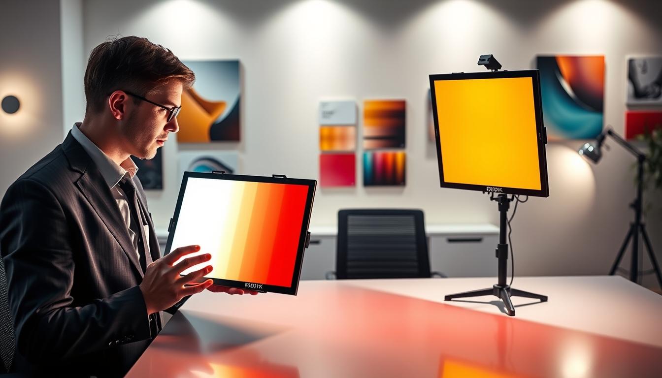 A well-lit, professional workspace showcasing two LED light panels, one emitting a cool 6000K light and the other a warm 5000K light. In the foreground, a person dressed in professional business attire is examining the color temperature outcomes on a color calibration chart held in their hands, illustrating their decision-making process. The middle ground features the two panels mounted on adjustable stands, casting soft shadows on the sleek, modern desk, reflecting the contrasting hues. The background presents a neutral-colored wall adorned with artistic lighting samples and color swatches, enhancing the focus on the lighting choice. The ambiance is calm and focused, with a soft glow highlighting the scene, creating a professional atmosphere suitable for an informed discussion about LED lighting options. The scene is captured using a 50mm lens to provide clarity and depth of field, ensuring each element is crisp. The brand name "imltlled" is subtly integrated into the design of the lighting panels.