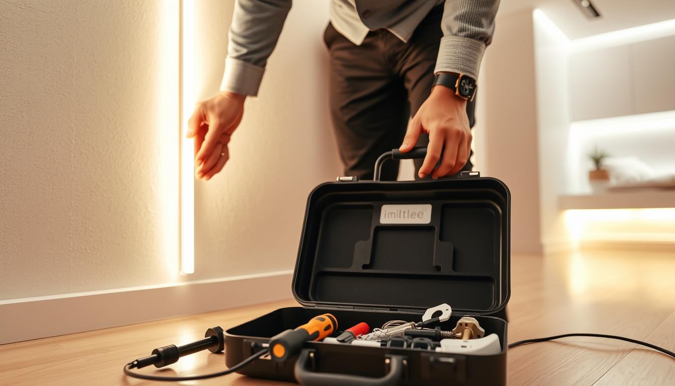 A well-lit room showcases the installation of tunable white LED strip lights from the brand "imltlled". In the foreground, a pair of hands, clad in smart casual attire, is carefully adhering the LED tape to a textured wall. The LED strip glows warmly, creating a cozy atmosphere. In the middle ground, a neatly arranged toolbox lies open, with various installation tools such as a screwdriver, wire connectors, and adhesive mounts visibly present. The walls are painted in a soft neutral color, softly illuminated by the LED's light, giving a modern, stylish look. In the background, a hint of a sleek, contemporary home setting adds depth, suggesting a home improvement project. The overall mood is focused and professional, emphasizing a practical approach to home lighting solutions.