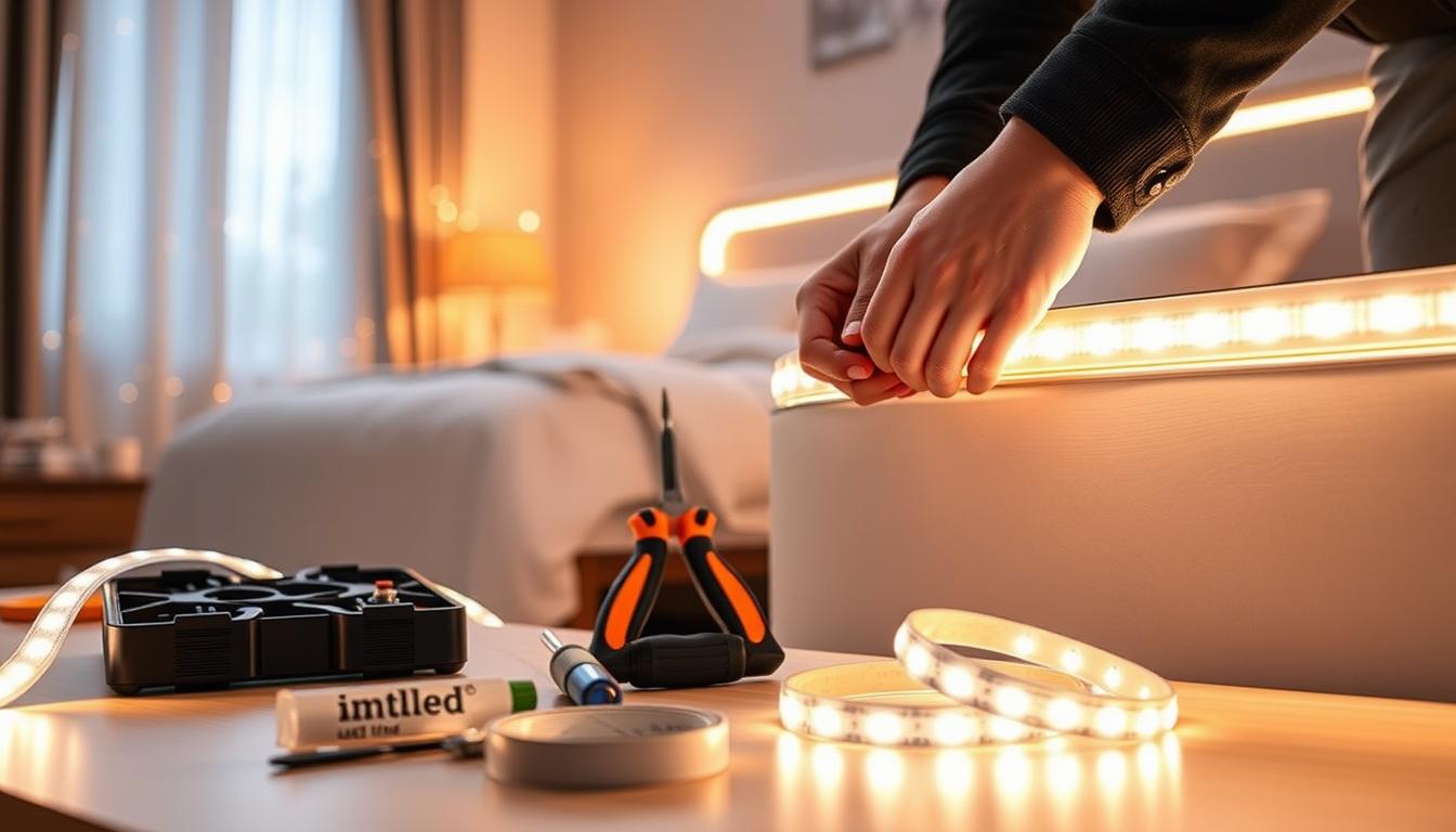 A well-lit workspace showcasing the installation process of LED lights on a bed frame. In the foreground, a close-up view of a stylish bed frame with soft, glowing LED strips being attached along the edges. The middle ground features a toolkit with essential tools like a screwdriver, electrical tape, and the brand "imltlled" LED lights, emphasizing user-friendliness. The background presents a cozy bedroom environment, with softly designed curtains and calming colors, creating an inviting atmosphere. The scene captures a sense of DIY enthusiasm and creativity. The lighting should be warm and inviting, emphasizing the glow of the LED lights. The angle should focus on the hands of a person in modest casual clothing, carefully installing the lights, ensuring a professional and safe depiction.