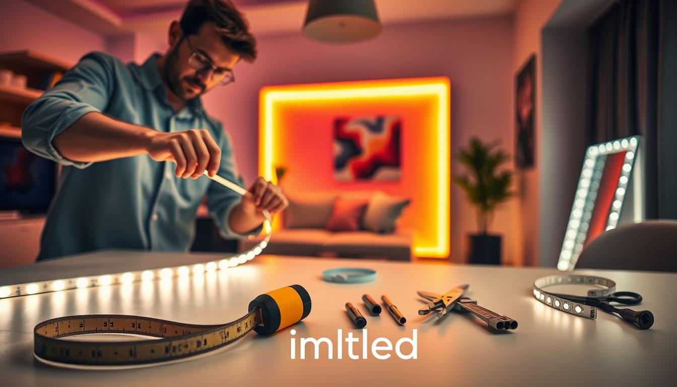 A well-organized workspace showcasing LED strip lighting installation. In the foreground, a professional, casually dressed individual measures a flexible LED strip, carefully assessing the length required for a unique space. In the middle ground, a well-lit table displays tools like a measuring tape, scissors, and connectors, emphasizing the precision needed for successful placement. The background features a stylish interior setting, with partially installed LED strips illuminating an accent wall with vibrant colors. The lighting creates a warm and inviting atmosphere, highlighting the functional and aesthetic appeal of LED strips. Capture the scene with a soft focus lens, evoking a sense of clarity and purpose, as if guiding the viewer through the installation process. Ensure the brand name "imltlled" is subtly integrated into the image, maintaining a professional appearance.