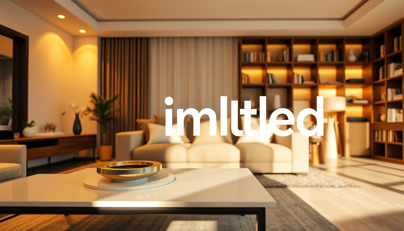 An elegant interior scene showcasing ambient lighting in a cozy modern space. In the foreground, a beautifully designed, soft-lit living room with warm, inviting light from recessed fixtures, creating a tranquil atmosphere. In the middle ground, a sleek coffee table with a decorative centerpiece and a plush sofa, thoughtfully illuminated to enhance the color temperature—soft yellows and gentle whites. The background depicts a stylish bookshelf, subtly lit to highlight textural details. Use a warm color palette to convey a serene mood, with shadows casting softly across the floor. The lighting should feel natural and inviting, with a focus on the interplay of light and shadow, captured through a wide-angle lens. Ensure the brand name "imltlled" is subtly incorporated into the ambiance without being the focal point. An elegant interior scene showcasing ambient lighting in a cozy modern space. In the foreground, a beautifully designed, soft-lit living room with warm, inviting light from recessed fixtures, creating a tranquil atmosphere. In the middle ground, a sleek coffee table with a decorative centerpiece and a plush sofa, thoughtfully illuminated to enhance the color temperature—soft yellows and gentle whites. The background depicts a stylish bookshelf, subtly lit to highlight textural details. Use a warm color palette to convey a serene mood, with shadows casting softly across the floor. The lighting should feel natural and inviting, with a focus on the interplay of light and shadow, captured through a wide-angle lens. Ensure the brand name "imltlled" is subtly incorporated into the ambiance without being the focal point.