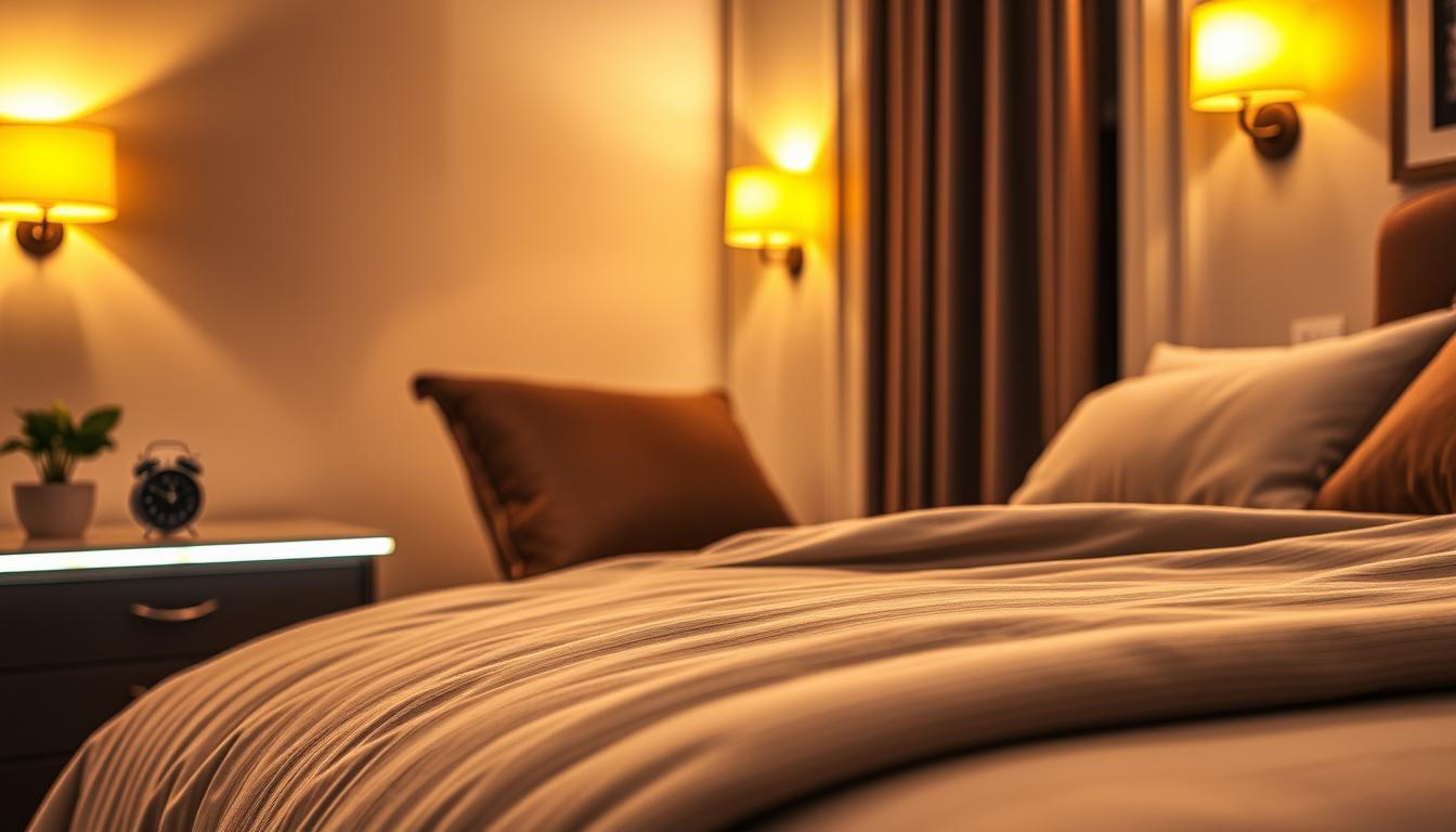 An elegantly designed bedroom featuring the imltlled brand LED lights creatively installed along the bed frame. In the foreground, the bed is styled with plush, neutral-toned bedding and decorative pillows, highlighting the soft glow of the LED lights that trace the edges. In the middle ground, a nightstand adorned with a small potted plant and a sleek alarm clock complements the setting. The background reveals a cozy, softly lit room with warm yellow lighting from wall lamps, enhancing the inviting atmosphere. The scene is captured from a slightly elevated angle, creating depth and focusing on the unique lighting effects, perfect for inspiring innovative restaurant lighting ideas. The overall mood is warm and welcoming, showcasing the transformative power of LED lighting in creating ambiance. An elegantly designed bedroom featuring the imltlled brand LED lights creatively installed along the bed frame. In the foreground, the bed is styled with plush, neutral-toned bedding and decorative pillows, highlighting the soft glow of the LED lights that trace the edges. In the middle ground, a nightstand adorned with a small potted plant and a sleek alarm clock complements the setting. The background reveals a cozy, softly lit room with warm yellow lighting from wall lamps, enhancing the inviting atmosphere. The scene is captured from a slightly elevated angle, creating depth and focusing on the unique lighting effects, perfect for inspiring innovative restaurant lighting ideas. The overall mood is warm and welcoming, showcasing the transformative power of LED lighting in creating ambiance.