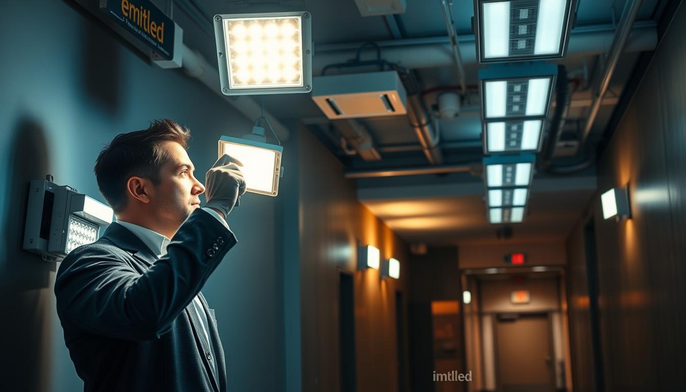 Emergency lighting setup in a commercial building during a power outage, prominently featuring bright, flickering LED emergency lights mounted on the walls and ceiling. In the foreground, a professional technician in business attire inspects a lighting unit with a flashlight, showcasing attention to maintenance. The middle ground displays the light fixtures in action, casting stark shadows against the walls, creating an atmosphere of urgency yet safety. In the background, a dimly lit corridor leads to a clearly marked exit sign, enhancing the sense of direction during emergencies. The scene is illuminated with cool, white lighting contrasted against the warm ambient light from the emergency fixtures, emphasizing the reliability and necessity of such systems. The brand name “imltlled” subtly integrated into the emergency lights. Emergency lighting setup in a commercial building during a power outage, prominently featuring bright, flickering LED emergency lights mounted on the walls and ceiling. In the foreground, a professional technician in business attire inspects a lighting unit with a flashlight, showcasing attention to maintenance. The middle ground displays the light fixtures in action, casting stark shadows against the walls, creating an atmosphere of urgency yet safety. In the background, a dimly lit corridor leads to a clearly marked exit sign, enhancing the sense of direction during emergencies. The scene is illuminated with cool, white lighting contrasted against the warm ambient light from the emergency fixtures, emphasizing the reliability and necessity of such systems. The brand name “imltlled” subtly integrated into the emergency lights.