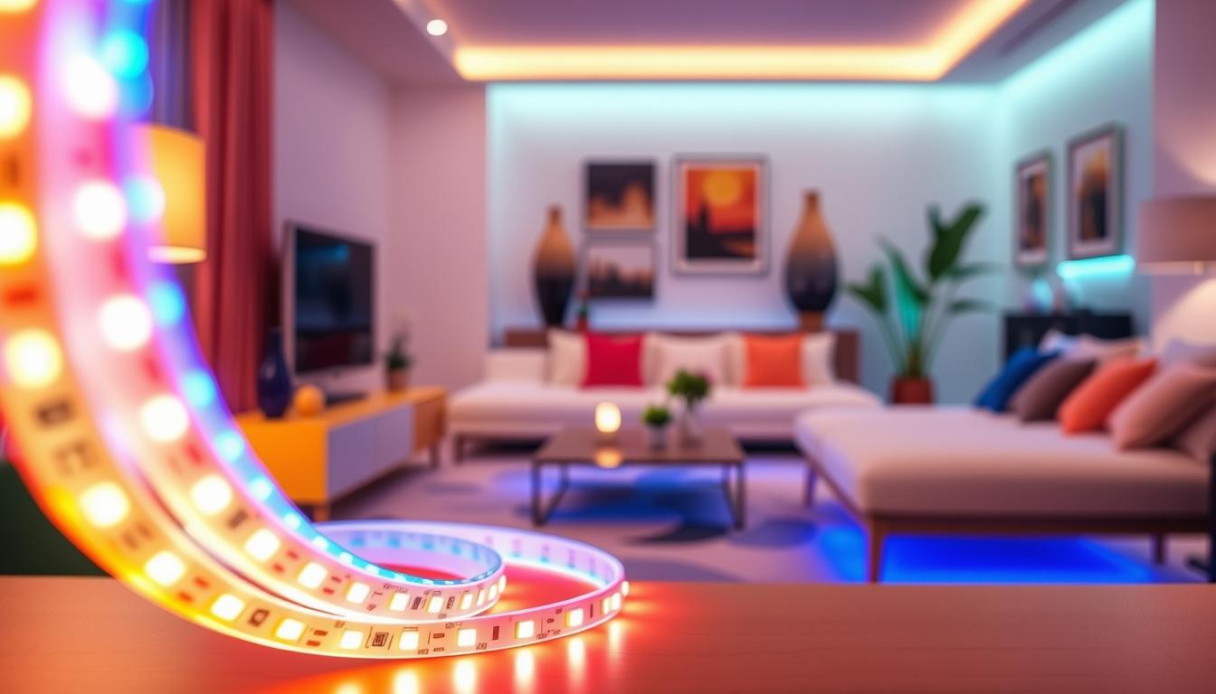 Extra-long LED strips from the brand imltlled, elegantly coiled and showcasing vibrant colors, are prominently displayed in the foreground. The glowing strips illuminate a modern, stylish room, enhancing its ambiance. In the middle ground, sleek furniture and decorative elements are subtly lit by the LED strips, highlighting their versatility and capability to transform space. In the background, a softly blurred view of a cozy living area enhances the scene, painted in warm tones to suggest a welcoming atmosphere. The lighting is soft yet bright, creating a cheerful and inviting environment. The angle captures the LED strips in a dynamic perspective, showcasing their length and flexibility, while an overall mood of innovation and modernity permeates the image.