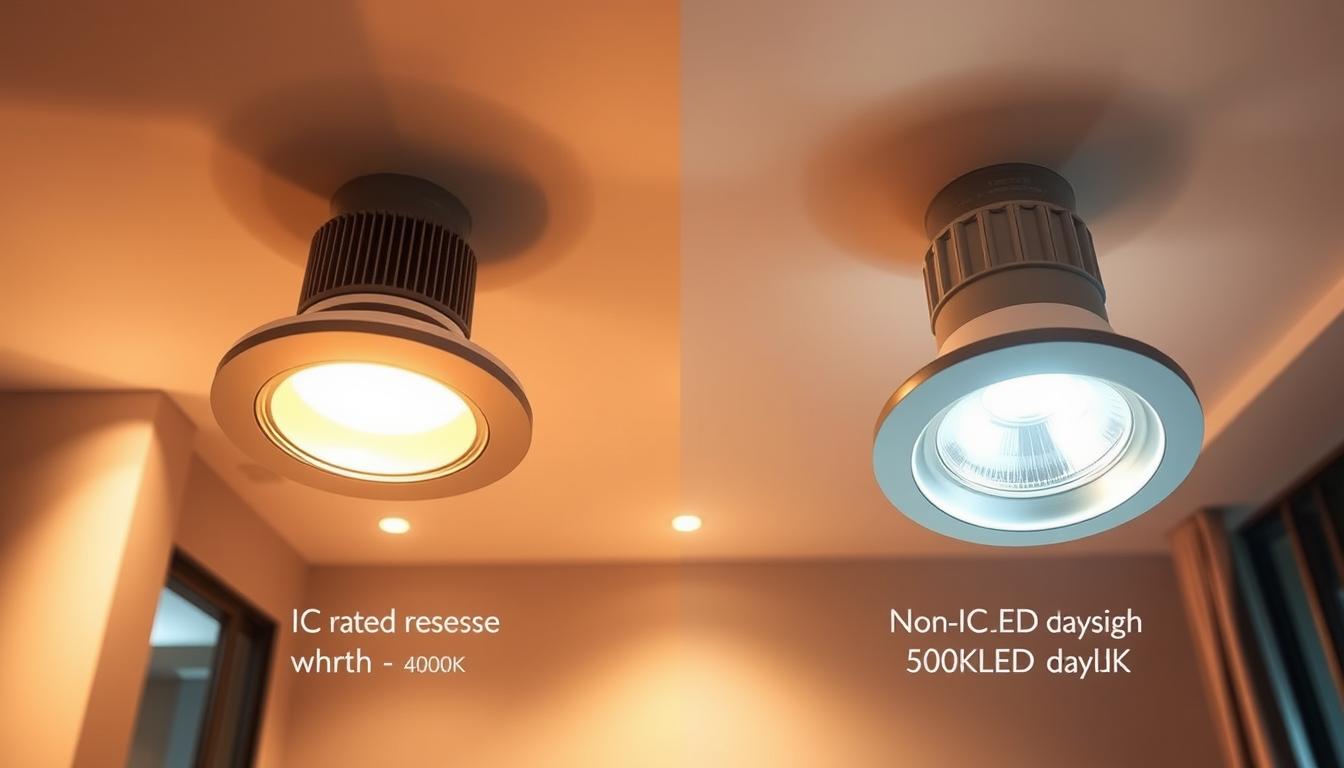IC rated recessed lighting fixtures on the left, showcasing a sleek design with warm white LED light at 4000K, creating a soft, inviting glow. Non-IC rated recessed lights on the right, featuring a brighter, cooler 5000K LED illumination that casts a more clinical, daylight effect. The foreground includes a close-up view of the light fixtures, clearly highlighting their distinct features and finishes. In the background, a modern ceiling setting enhances the ambiance, with a subtle gradient of color transitioning from warm to cool. The image captures a well-lit room, emphasizing clarity and cleanliness, with a focus on the contrasts in color temperature and design. Use a wide-angle lens perspective to encompass the fixtures and create depth, allowing viewers to appreciate the differences in recessed lighting options from imltlled.