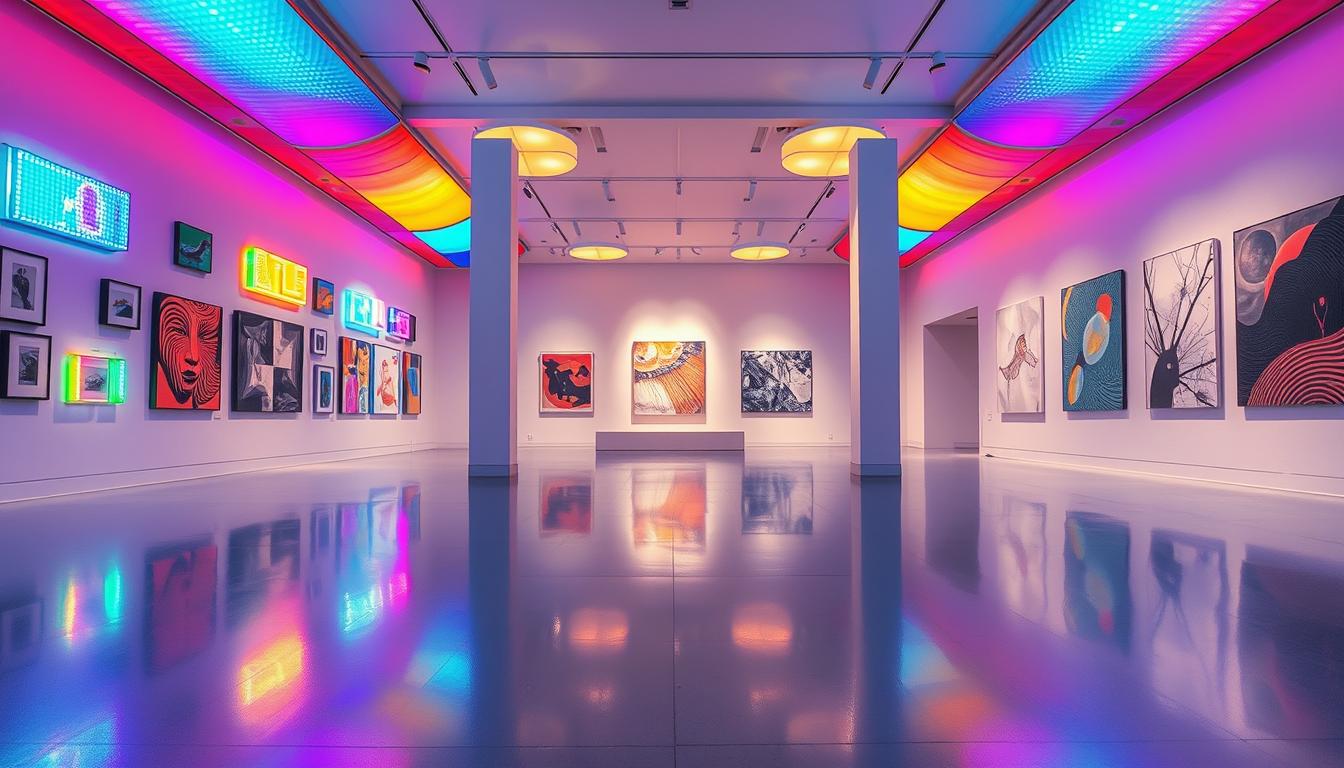 LED artwork lighting illuminating an art gallery space, featuring an array of vibrant, colorful LED installations mounted on the walls. In the foreground, a sleek, glossy floor reflects the multicolored lights, enhancing the atmosphere. The middle ground showcases a meticulously curated selection of contemporary art pieces, each bathed in soft, dynamic lighting to highlight texture and color. The background contains minimalist architectural elements, such as clean lines and large windows that allow natural light to filter in. The scene is captured with a wide-angle lens to emphasize the spaciousness of the gallery. The mood is inviting yet sophisticated, drawing viewers into the intricate interplay of light and art. The branding "imltlled" subtly integrated into the LED designs without detracting from the overall aesthetic.