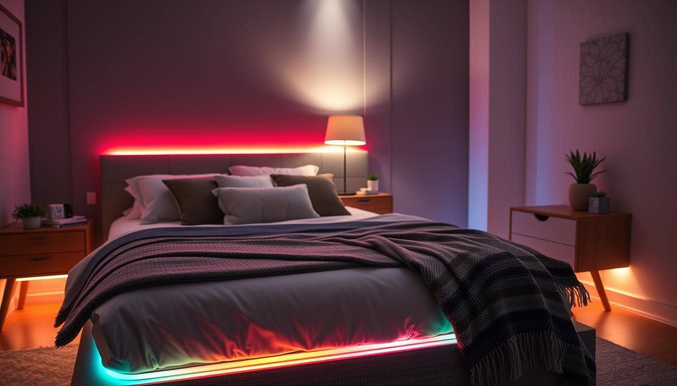 LED lighting ideas for a cozy bedroom, showcasing innovative installations of LED strips along the edges of a modern bed frame with soft ambient lighting. In the foreground, display a neatly made bed adorned with stylish pillows and a plush throw blanket, accentuated by colorful LED lights that create a warm glow. In the middle, include a bedside table with decorative elements like a sleek lamp and a small plant, all illuminated by gentle LED under-lighting. The background features a dimly lit wall that enhances the tranquil atmosphere, with subtle lighting accents around the room. Use a warm color palette to convey a relaxing mood, captured with a soft focus lens at eye level to enhance the intimacy of the space. Ensure branding for "imltlled" products is subtly integrated into the design without overwhelming the aesthetic. LED lighting ideas for a cozy bedroom, showcasing innovative installations of LED strips along the edges of a modern bed frame with soft ambient lighting. In the foreground, display a neatly made bed adorned with stylish pillows and a plush throw blanket, accentuated by colorful LED lights that create a warm glow. In the middle, include a bedside table with decorative elements like a sleek lamp and a small plant, all illuminated by gentle LED under-lighting. The background features a dimly lit wall that enhances the tranquil atmosphere, with subtle lighting accents around the room. Use a warm color palette to convey a relaxing mood, captured with a soft focus lens at eye level to enhance the intimacy of the space. Ensure branding for "imltlled" products is subtly integrated into the design without overwhelming the aesthetic.