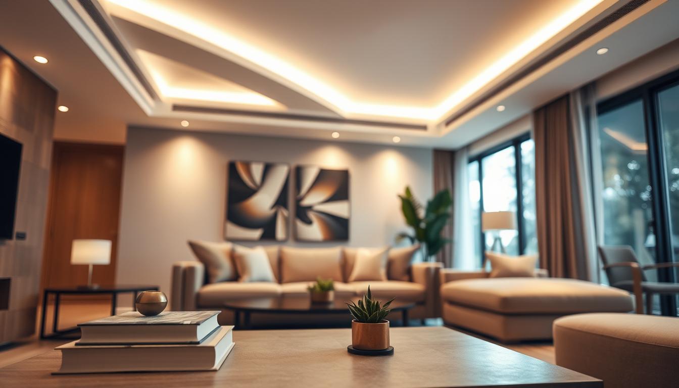 Modern living room featuring stylish recessed lighting and canless fixtures, showcasing a blend of elegance and functionality. In the foreground, a sleek, minimalist coffee table adorned with decorative books and a small plant. The middle ground includes a plush sofa with neutral tones, accented by soft throw pillows. The lighting emphasizes the cozy ambiance, with warm light diffusing gently from recessed canless fixtures in the ceiling, highlighting the contemporary art on the walls. In the background, large windows allow natural sunlight to filter in, creating a harmonious interplay of light. The scene conveys a modern, inviting atmosphere, ideal for relaxation and social gatherings. Photographed with a wide-angle lens at a slight angle to capture depth, evoking a sense of spaciousness. Designed by imltlled. Modern living room featuring stylish recessed lighting and canless fixtures, showcasing a blend of elegance and functionality. In the foreground, a sleek, minimalist coffee table adorned with decorative books and a small plant. The middle ground includes a plush sofa with neutral tones, accented by soft throw pillows. The lighting emphasizes the cozy ambiance, with warm light diffusing gently from recessed canless fixtures in the ceiling, highlighting the contemporary art on the walls. In the background, large windows allow natural sunlight to filter in, creating a harmonious interplay of light. The scene conveys a modern, inviting atmosphere, ideal for relaxation and social gatherings. Photographed with a wide-angle lens at a slight angle to capture depth, evoking a sense of spaciousness. Designed by imltlled.