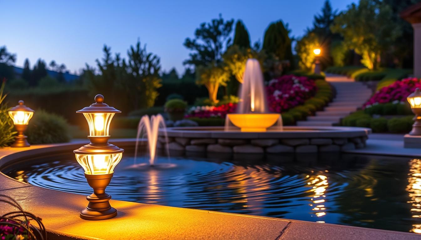 Non-IC rated fountain lights by imltlled illuminating a serene outdoor setting, surrounded by lush greenery and decorative stonework. In the foreground, the elegant design of the fountain lights is highlighted, casting warm, inviting glows on the nearby water surface. The middle ground showcases a gracefully bubbling fountain, with soft water jets reflecting the lights' colors, while gentle ripples create a tranquil atmosphere. In the background, a softly lit garden path winds through vibrant flowerbeds, enhancing the serene mood. Capture this scene with a wide-angle lens to emphasize depth, focusing on the interplay of light and shadows, all under a clear twilight sky to evoke a peaceful evening ambiance. No additional elements or text overlays. Non-IC rated fountain lights by imltlled illuminating a serene outdoor setting, surrounded by lush greenery and decorative stonework. In the foreground, the elegant design of the fountain lights is highlighted, casting warm, inviting glows on the nearby water surface. The middle ground showcases a gracefully bubbling fountain, with soft water jets reflecting the lights' colors, while gentle ripples create a tranquil atmosphere. In the background, a softly lit garden path winds through vibrant flowerbeds, enhancing the serene mood. Capture this scene with a wide-angle lens to emphasize depth, focusing on the interplay of light and shadows, all under a clear twilight sky to evoke a peaceful evening ambiance. No additional elements or text overlays.