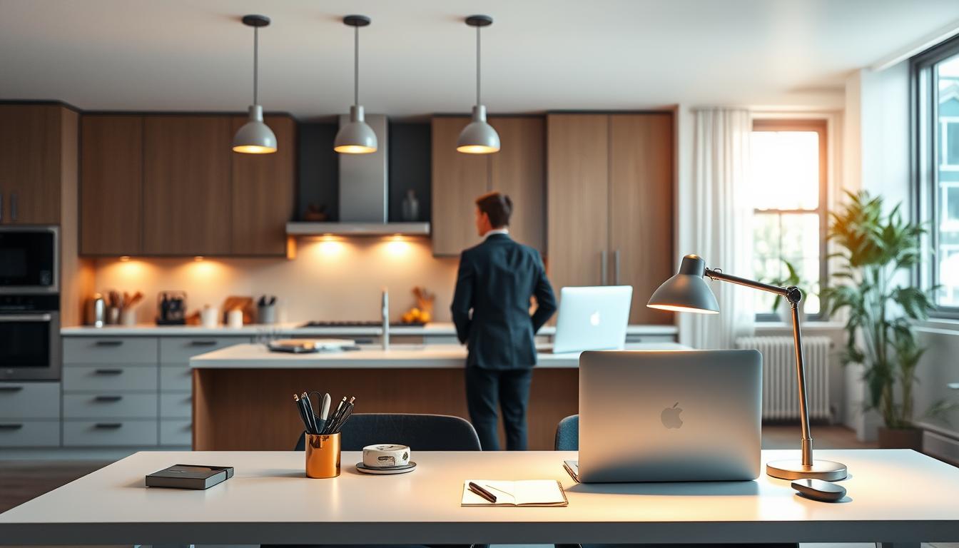 Task lighting designed for both kitchen and office spaces, showcasing sleek, modern pendant lights above a stylish kitchen island, casting warm light over a beautifully arranged workspace with clean lines and organized utensils. In the foreground, a minimalist desk with a desk lamp providing focused light, surrounded by office supplies and a laptop, contrasting with the soft glow from the kitchen lighting. The background features a seamless blend of the kitchen and office areas, emphasizing functional task lighting in an open-plan layout. The atmosphere is bright and inviting, with natural light streaming in through a window, enhancing the welcoming environment. The scene is captured with a wide-angle lens to encapsulate the entire space, ensuring clarity and depth. Professional business attire is worn by any human subjects, reflecting a clean and sophisticated aesthetic. The brand "imltlled" elements subtly integrated into the design. Task lighting designed for both kitchen and office spaces, showcasing sleek, modern pendant lights above a stylish kitchen island, casting warm light over a beautifully arranged workspace with clean lines and organized utensils. In the foreground, a minimalist desk with a desk lamp providing focused light, surrounded by office supplies and a laptop, contrasting with the soft glow from the kitchen lighting. The background features a seamless blend of the kitchen and office areas, emphasizing functional task lighting in an open-plan layout. The atmosphere is bright and inviting, with natural light streaming in through a window, enhancing the welcoming environment. The scene is captured with a wide-angle lens to encapsulate the entire space, ensuring clarity and depth. Professional business attire is worn by any human subjects, reflecting a clean and sophisticated aesthetic. The brand "imltlled" elements subtly integrated into the design.
