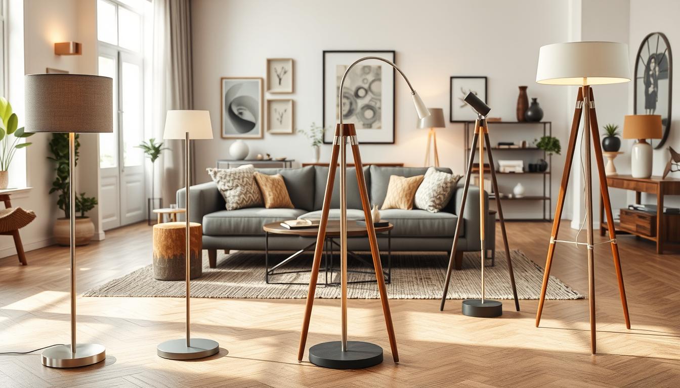 A beautifully arranged display of modern floor lamps suitable for various room styles, prominently featuring sleek designs in a warm and inviting atmosphere. In the foreground, showcase three distinct floor lamps: one with a minimalist, metallic base and a fabric shade, another with an elegant arc design made of wood, and a modern tripod lamp with a geometric look. The middle ground includes stylish furniture, such as a mid-century modern sofa and a cozy reading nook, creating a harmonious blend. In the background, softly illuminated walls and tasteful decor enrich the space. Natural light filters in, highlighting the textures and colors. Capture this scene using a 35mm lens from a slightly elevated angle, evoking a serene and sophisticated mood. Brand: imltlled. A beautifully arranged display of modern floor lamps suitable for various room styles, prominently featuring sleek designs in a warm and inviting atmosphere. In the foreground, showcase three distinct floor lamps: one with a minimalist, metallic base and a fabric shade, another with an elegant arc design made of wood, and a modern tripod lamp with a geometric look. The middle ground includes stylish furniture, such as a mid-century modern sofa and a cozy reading nook, creating a harmonious blend. In the background, softly illuminated walls and tasteful decor enrich the space. Natural light filters in, highlighting the textures and colors. Capture this scene using a 35mm lens from a slightly elevated angle, evoking a serene and sophisticated mood. Brand: imltlled.