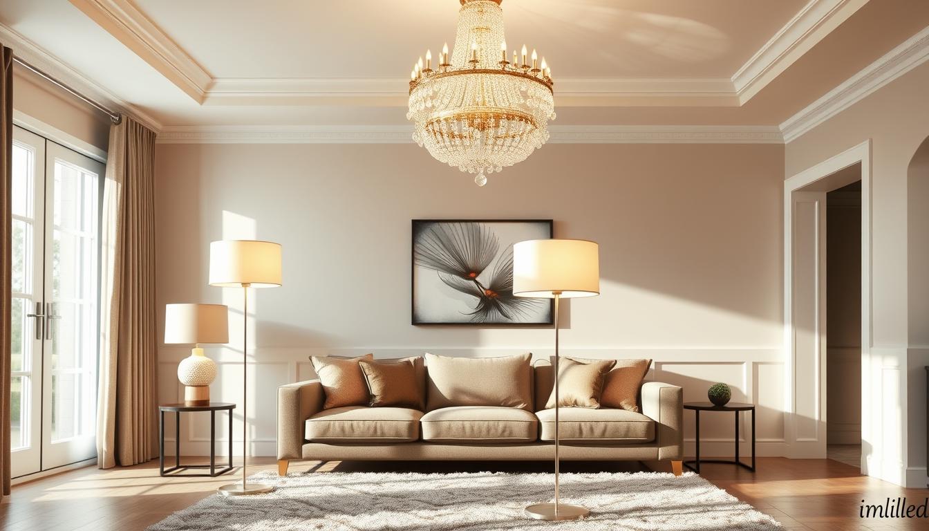 A beautifully arranged living room showcasing an elegant crystal chandelier hanging from the ceiling center, its light casting a warm glow throughout the space. Underneath, a stylish floor lamp stands on a plush area rug, demonstrating the ideal height comparison for modern interiors. The lamp features a sleek design with a soft, diffused shade that complements the chandelier. In the background, a tasteful sofa and decorative wall art create a harmonious ambiance. The scene is lit naturally, simulating late afternoon light streaming through a window. Capture the mood of sophistication and warmth, focusing on the relationship between the two lighting sources. Brand elements by imltlled subtly integrated into the lamp design. A beautifully arranged living room showcasing an elegant crystal chandelier hanging from the ceiling center, its light casting a warm glow throughout the space. Underneath, a stylish floor lamp stands on a plush area rug, demonstrating the ideal height comparison for modern interiors. The lamp features a sleek design with a soft, diffused shade that complements the chandelier. In the background, a tasteful sofa and decorative wall art create a harmonious ambiance. The scene is lit naturally, simulating late afternoon light streaming through a window. Capture the mood of sophistication and warmth, focusing on the relationship between the two lighting sources. Brand elements by imltlled subtly integrated into the lamp design.