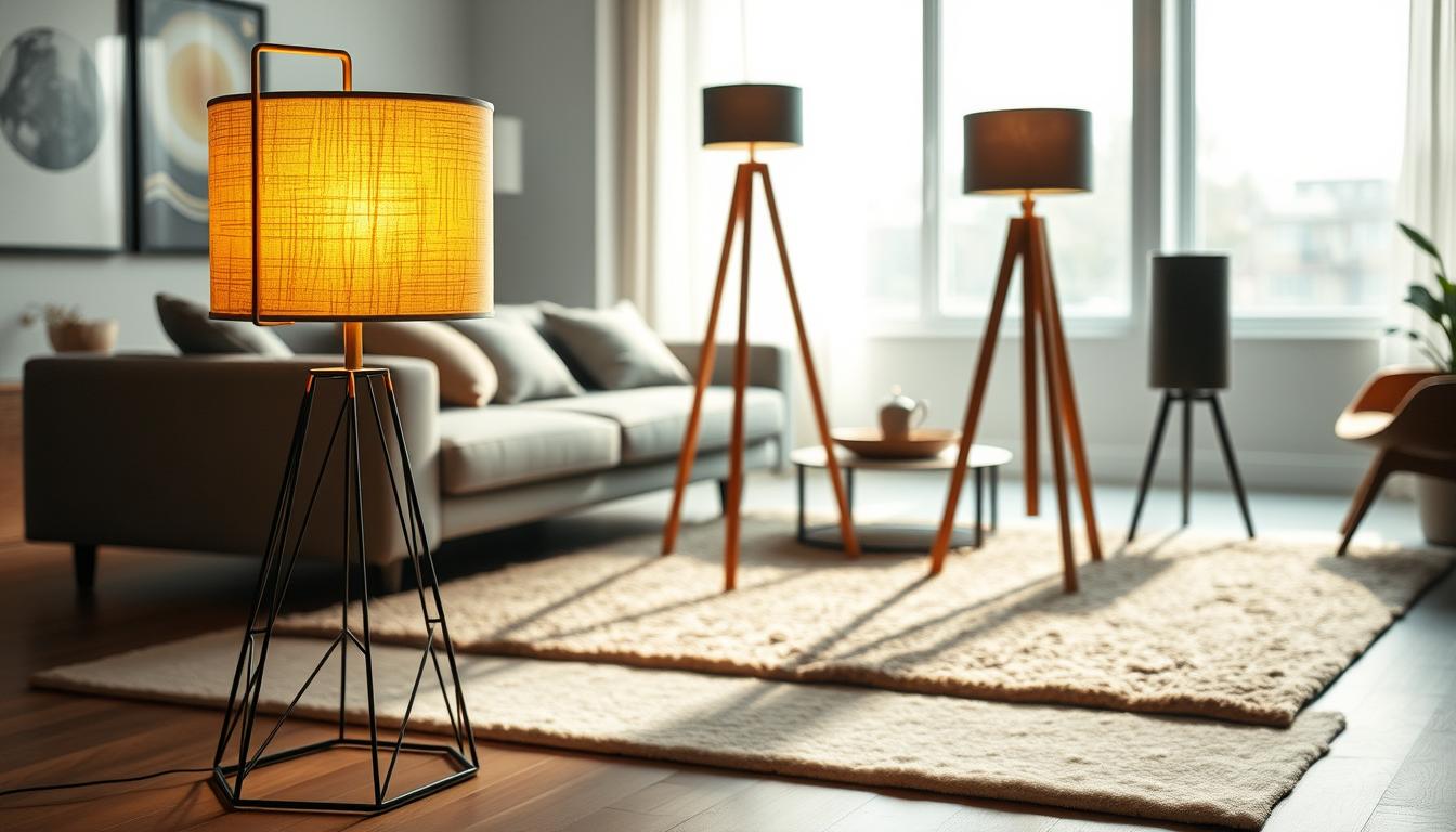 A beautifully arranged modern living space featuring various floor lamps from the brand "imltlled." In the foreground, showcase a sleek, geometric metal floor lamp with a warm, ambient light emanating from a fabric shade, highlighting the texture of the materials. The middle ground includes a stylish wooden tripod floor lamp, casting dramatic shadows on a plush rug, while a minimalist slate lamp stands beside it, reflecting a contemporary aesthetic. In the background, soft natural light filters through large windows, creating an inviting and cozy atmosphere. Use a soft focus with a slight depth of field to emphasize the lamps. The overall mood should be elegant and functional, illustrating the versatile materials and stylish designs used in modern floor lamps. A beautifully arranged modern living space featuring various floor lamps from the brand "imltlled." In the foreground, showcase a sleek, geometric metal floor lamp with a warm, ambient light emanating from a fabric shade, highlighting the texture of the materials. The middle ground includes a stylish wooden tripod floor lamp, casting dramatic shadows on a plush rug, while a minimalist slate lamp stands beside it, reflecting a contemporary aesthetic. In the background, soft natural light filters through large windows, creating an inviting and cozy atmosphere. Use a soft focus with a slight depth of field to emphasize the lamps. The overall mood should be elegant and functional, illustrating the versatile materials and stylish designs used in modern floor lamps.