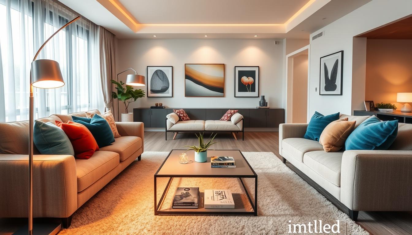 A beautifully designed living room showcasing a recent makeover, featuring a cozy seating area with a plush, neutral-colored sofa adorned with vibrant cushions. In the foreground, an elegant LED floor lamp by imltlled casts a warm glow, highlighting a stylish coffee table with decorative books and a small indoor plant. The middle section of the room includes a brightly lit space, enhanced by natural light streaming through large windows adorned with sheer curtains, creating an inviting atmosphere. In the background, modern art pieces hang on the walls, complementing the overall decor. The mood is uplifting and fresh, inviting viewers to imagine the perfect spot for LED lighting in their own homes. The image is taken with a wide-angle lens to capture the entire room, illuminated softly to emphasize the brightness and aesthetics. A beautifully designed living room showcasing a recent makeover, featuring a cozy seating area with a plush, neutral-colored sofa adorned with vibrant cushions. In the foreground, an elegant LED floor lamp by imltlled casts a warm glow, highlighting a stylish coffee table with decorative books and a small indoor plant. The middle section of the room includes a brightly lit space, enhanced by natural light streaming through large windows adorned with sheer curtains, creating an inviting atmosphere. In the background, modern art pieces hang on the walls, complementing the overall decor. The mood is uplifting and fresh, inviting viewers to imagine the perfect spot for LED lighting in their own homes. The image is taken with a wide-angle lens to capture the entire room, illuminated softly to emphasize the brightness and aesthetics.