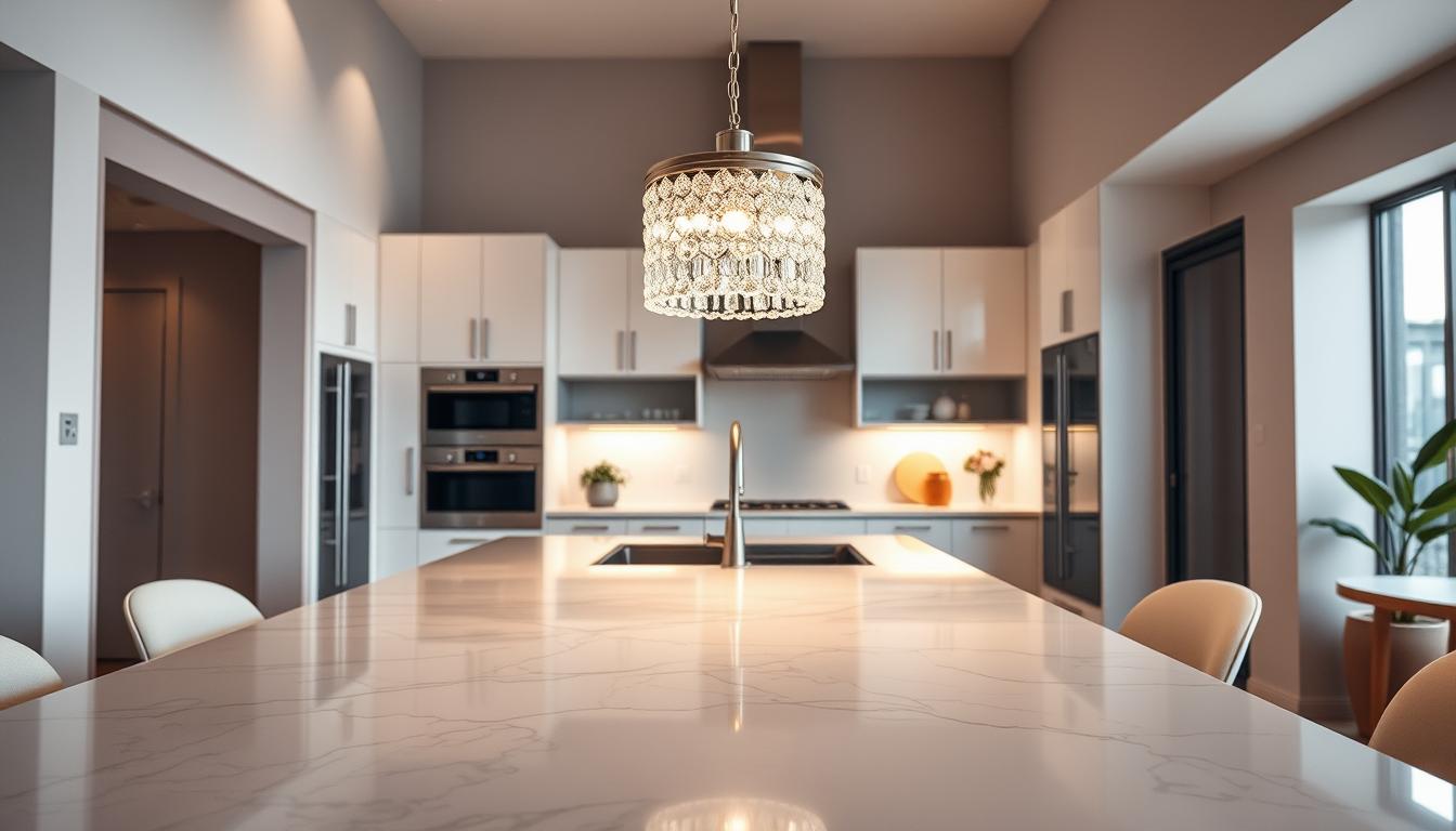 A beautifully designed modern kitchen featuring an elegant crystal pendant light, specifically from the brand "imltlled," hanging gracefully above a sleek kitchen island. The foreground showcases a polished marble countertop with subtle reflections of light from the pendant. In the middle ground, the kitchen's cabinetry boasts a contemporary white finish with chrome accents, and stainless steel appliances blend seamlessly. The background reveals an open concept space with soft, neutral walls and a hint of greenery from a potted plant near the window. The ambiance feels warm and inviting, illuminated by the soft glow of the pendant light, enhancing the overall sophisticated atmosphere. Captured at a slight angle with atmospheric lighting to emphasize textures, this image embodies the harmony between modern design and luxurious comfort.