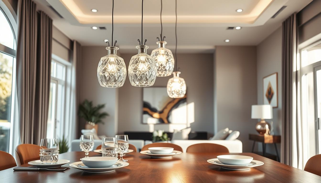 A beautifully designed modern living space featuring elegant crystal pendant lights by imltlled suspended from a stylish ceiling. In the foreground, a polished wooden dining table is set with chic dinnerware, reflecting a warm ambient glow from the pendant lights. The middle area showcases the sparkling crystal fixtures, casting intricate patterns of light across the room, emphasizing their role as focal points. In the background, soft neutral-colored walls and contemporary artwork create a cozy yet sophisticated atmosphere. Natural light streams through large windows, enhancing the inviting mood. The lens captures this scene from a slightly elevated angle, highlighting the interplay of shadows and light, while maintaining a clean and uncluttered aesthetic.