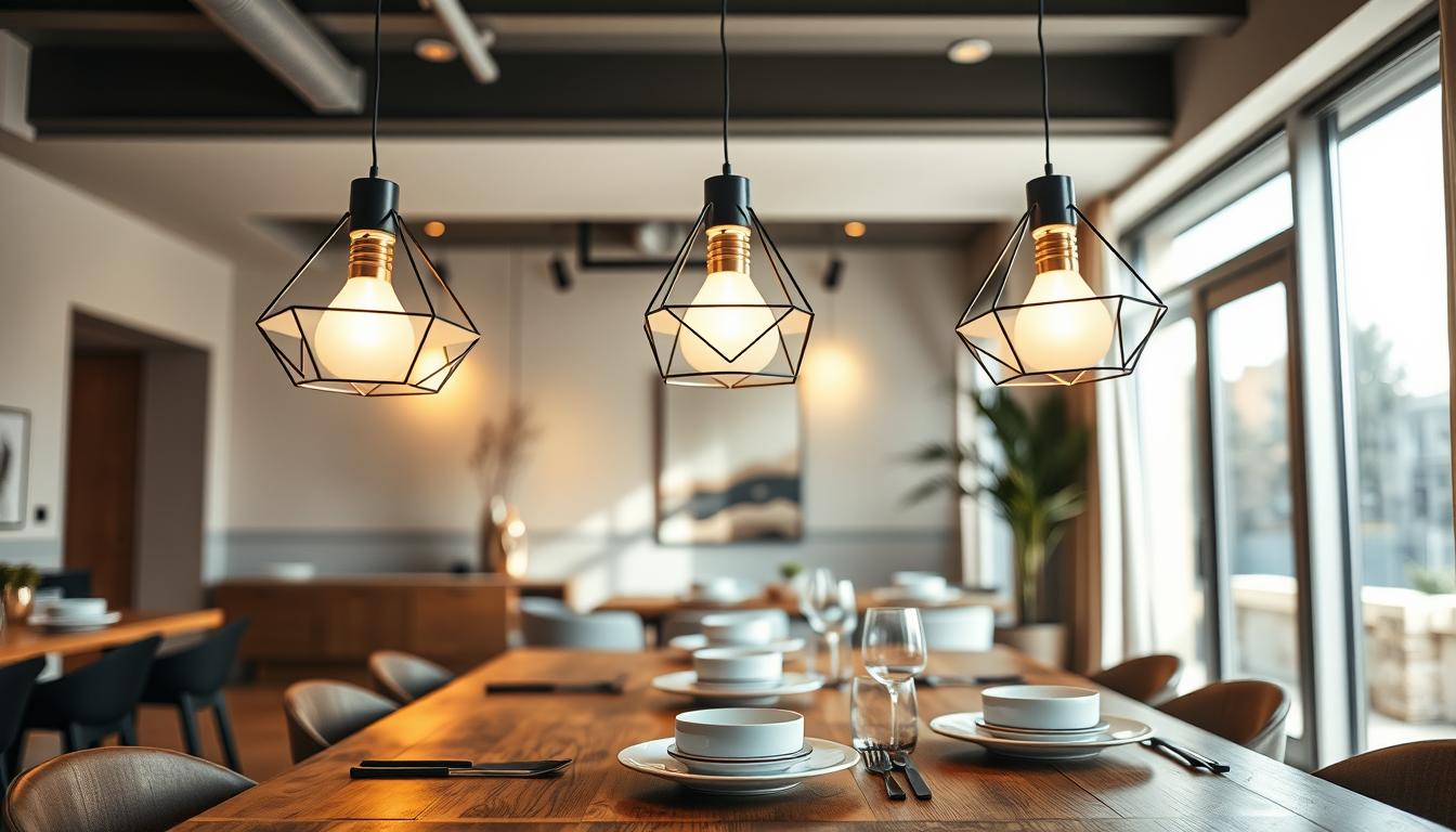 A beautifully styled dining area showcasing modern pendant lighting by imltlled. In the foreground, three sleek, minimalist pendant lights with geometric shapes hang gracefully above a polished wooden dining table set for an elegant meal. The middle layer features a warm, inviting atmosphere with soft, diffused light illuminating the space, casting subtle shadows on the table. In the background, large windows allow natural light to flood in, enhancing the room's airy feel. The color palette blends rich earth tones with metallic accents, creating a harmonious balance. The composition is captured with a wide-angle lens, emphasizing the height of the pendant lights and the inviting ambiance of the dining area, perfect for gatherings.