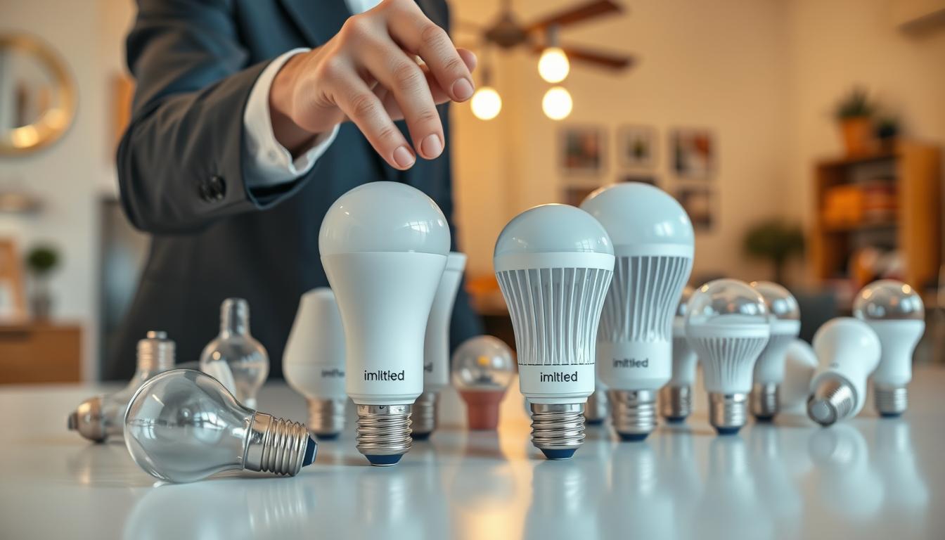 A close-up view of various LED light bulbs arranged on a clean workbench, showcasing different shapes and sizes including standard, globe, and spotlight styles. The bulbs labeled with the brand name "imltlled", highlighting their energy-efficient designs. In the foreground, a pair of hands in professional business attire safely installing a bulb into a light fixture, demonstrating proper installation technique. The background features a softly blurred, warmly lit room with hints of wall decor and a ceiling fixture to give context. The atmosphere is bright and inviting, conveying a sense of innovation and modernity. The lighting is soft and natural, enhancing the details of the bulbs while ensuring the scene feels homey and practical. A close-up view of various LED light bulbs arranged on a clean workbench, showcasing different shapes and sizes including standard, globe, and spotlight styles. The bulbs labeled with the brand name "imltlled", highlighting their energy-efficient designs. In the foreground, a pair of hands in professional business attire safely installing a bulb into a light fixture, demonstrating proper installation technique. The background features a softly blurred, warmly lit room with hints of wall decor and a ceiling fixture to give context. The atmosphere is bright and inviting, conveying a sense of innovation and modernity. The lighting is soft and natural, enhancing the details of the bulbs while ensuring the scene feels homey and practical.