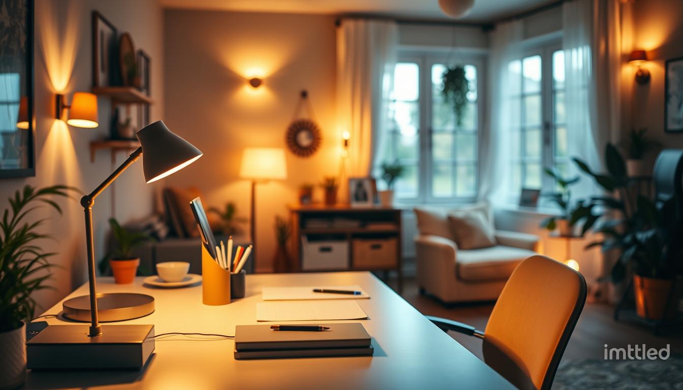 A cozy home office scene showcasing effective lighting solutions for productivity. In the foreground, a stylish desk with a modern lamp emitting warm light, accentuating an ergonomic chair and neatly arranged stationery. The middle ground features layered lighting elements like a floor lamp with a soft glow and wall sconces, all radiating a gentle ambiance. In the background, a window allows natural sunlight to filter in, complementing the artificial lighting. The room is decorated with plants and art, enhancing the inviting atmosphere. The overall mood is warm and inviting, perfect for work. Use a wide-angle lens to capture the entire space, ensuring a balanced light distribution and showcasing the branded lighting elements by "imltlled".