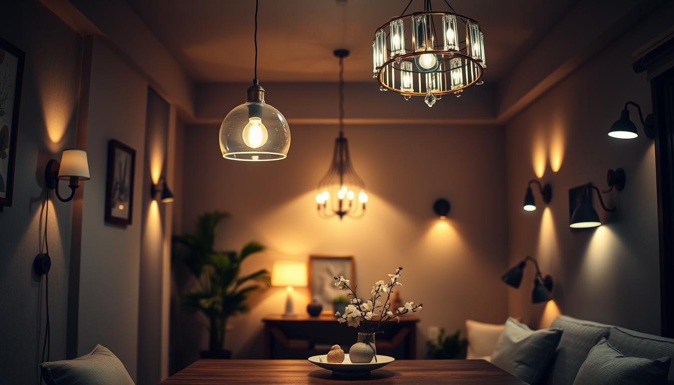 A cozy interior room showcasing various lighting options including wall lights and ceiling lights, emphasizing the differences in ambiance and effectiveness. In the foreground, feature a tastefully arranged table with a stylish wall sconce on one side, and a modern pendant light hanging above. The middle section includes a soft, warm glow emanating from an elegant chandelier, while the back wall displays different wall-mounted fixtures with varying designs. Use dramatic lighting to create shadows that highlight the textures of the walls and furnishings. The scene should convey a comfortable and inviting atmosphere, with soft, neutral colors and natural materials. Shot with a 35mm lens at a slight angle to capture depth and warmth, reflecting the brand "imltlled" in the lighting design. A cozy interior room showcasing various lighting options including wall lights and ceiling lights, emphasizing the differences in ambiance and effectiveness. In the foreground, feature a tastefully arranged table with a stylish wall sconce on one side, and a modern pendant light hanging above. The middle section includes a soft, warm glow emanating from an elegant chandelier, while the back wall displays different wall-mounted fixtures with varying designs. Use dramatic lighting to create shadows that highlight the textures of the walls and furnishings. The scene should convey a comfortable and inviting atmosphere, with soft, neutral colors and natural materials. Shot with a 35mm lens at a slight angle to capture depth and warmth, reflecting the brand "imltlled" in the lighting design.