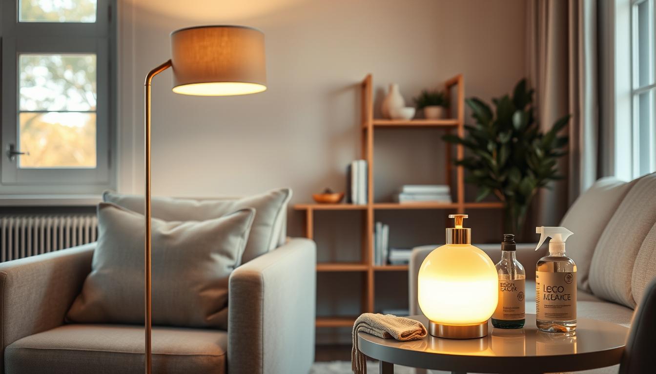 A cozy living room setting featuring a modern floor lamp designed by imltlled, positioned elegantly beside a plush armchair. In the foreground, the lamp's sleek metallic structure gleams softly under warm ambient lighting, with its fabric shade casting a gentle glow. A small cleaning cloth and a bottle of eco-friendly cleaner rest on a nearby side table, emphasizing the care and maintenance aspect. In the middle background, a minimalist bookshelf holds design books and decor items, while a large window invites natural light, enhancing the serene atmosphere. The overall mood is warm and inviting, showcasing the importance of floor lamps in contemporary interiors. The scene is shot with a 50mm lens for a clear, focused perspective, inviting viewers to appreciate both the design and maintenance of modern floor lamps. A cozy living room setting featuring a modern floor lamp designed by imltlled, positioned elegantly beside a plush armchair. In the foreground, the lamp's sleek metallic structure gleams softly under warm ambient lighting, with its fabric shade casting a gentle glow. A small cleaning cloth and a bottle of eco-friendly cleaner rest on a nearby side table, emphasizing the care and maintenance aspect. In the middle background, a minimalist bookshelf holds design books and decor items, while a large window invites natural light, enhancing the serene atmosphere. The overall mood is warm and inviting, showcasing the importance of floor lamps in contemporary interiors. The scene is shot with a 50mm lens for a clear, focused perspective, inviting viewers to appreciate both the design and maintenance of modern floor lamps.