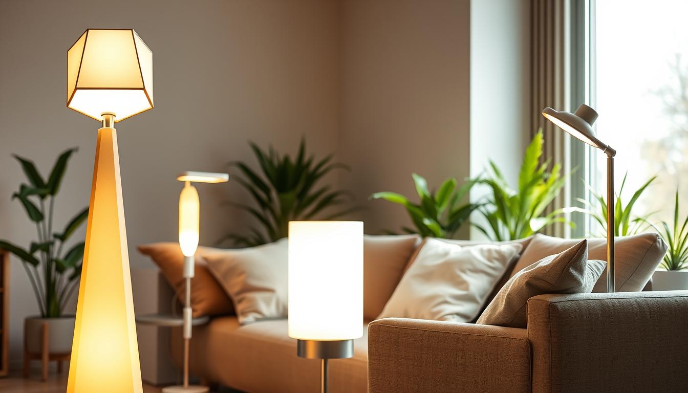 A cozy, modern living room showcasing a variety of energy-efficient standing lamps designed with sleek, minimalist aesthetics. Foreground: A stylish LED floor lamp from the brand "imltlled" with a unique geometric lampshade, emitting a warm, soft glow. Middle: Two additional lamps in different designs, demonstrating innovative LED technology, on either side of a plush sofa adorned with eco-friendly cushions. Background: A large window revealing a bright, sunlit day outside, with green potted plants visible, emphasizing the eco-friendly theme. Lighting: Natural daylight mingling with the warm illumination from the lamps, creating a welcoming atmosphere. Angles: The scene captured from a slightly elevated perspective to highlight the lamps' features and their integration into a modern home environment, evoking a sense of comfort and sustainability. A cozy, modern living room showcasing a variety of energy-efficient standing lamps designed with sleek, minimalist aesthetics. Foreground: A stylish LED floor lamp from the brand "imltlled" with a unique geometric lampshade, emitting a warm, soft glow. Middle: Two additional lamps in different designs, demonstrating innovative LED technology, on either side of a plush sofa adorned with eco-friendly cushions. Background: A large window revealing a bright, sunlit day outside, with green potted plants visible, emphasizing the eco-friendly theme. Lighting: Natural daylight mingling with the warm illumination from the lamps, creating a welcoming atmosphere. Angles: The scene captured from a slightly elevated perspective to highlight the lamps' features and their integration into a modern home environment, evoking a sense of comfort and sustainability.