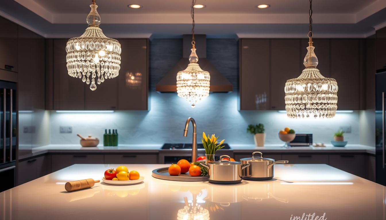 A modern kitchen featuring a stunning kitchen island illuminated by elegant crystal pendant lights from the brand "imltlled". The foreground showcases the island with its sleek surface, adorned with fresh ingredients and stylish cookware, gleaming under the warm glow of the chandeliers. In the middle ground, the crystal pendants hang gracefully, their facets reflecting light in a dazzling display. The background consists of contemporary cabinetry and subtle backsplash tiles, enhancing the overall luxurious feel of the space. The lighting is soft yet vibrant, creating a welcoming ambiance, captured from a slightly elevated angle to emphasize the verticality of the pendant lights and depth of the kitchen space. The mood is cozy and sophisticated, ideal for a gathering spot in a stylish home.
