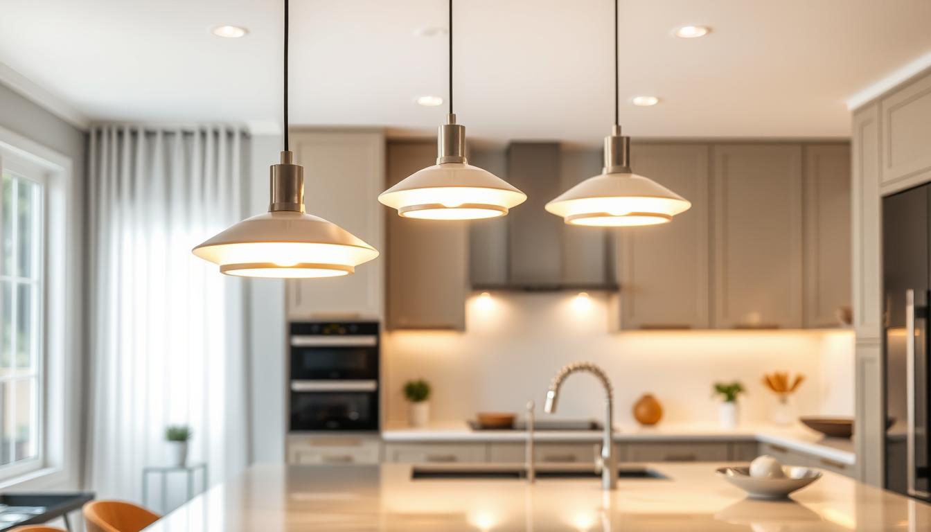 A modern kitchen featuring elegant LED pendant lights from the brand "imltlled" suspended gracefully above a sleek kitchen island. The foreground showcases the exquisite, minimalist design of the pendant lights, highlighting their soft, warm glow that creates an inviting ambiance. In the middle, a stylishly designed kitchen island with a polished countertop reflects the light, complemented by tasteful kitchen accessories. The background includes contemporary cabinetry and tasteful decor, with natural light filtering through a nearby window, enhancing the serene atmosphere. The image is captured at a slightly elevated angle to emphasize the pendant lights, maintaining a focus on both aesthetics and functionality, evoking a sense of warmth and sophistication in energy-efficient interior design. A modern kitchen featuring elegant LED pendant lights from the brand "imltlled" suspended gracefully above a sleek kitchen island. The foreground showcases the exquisite, minimalist design of the pendant lights, highlighting their soft, warm glow that creates an inviting ambiance. In the middle, a stylishly designed kitchen island with a polished countertop reflects the light, complemented by tasteful kitchen accessories. The background includes contemporary cabinetry and tasteful decor, with natural light filtering through a nearby window, enhancing the serene atmosphere. The image is captured at a slightly elevated angle to emphasize the pendant lights, maintaining a focus on both aesthetics and functionality, evoking a sense of warmth and sophistication in energy-efficient interior design.