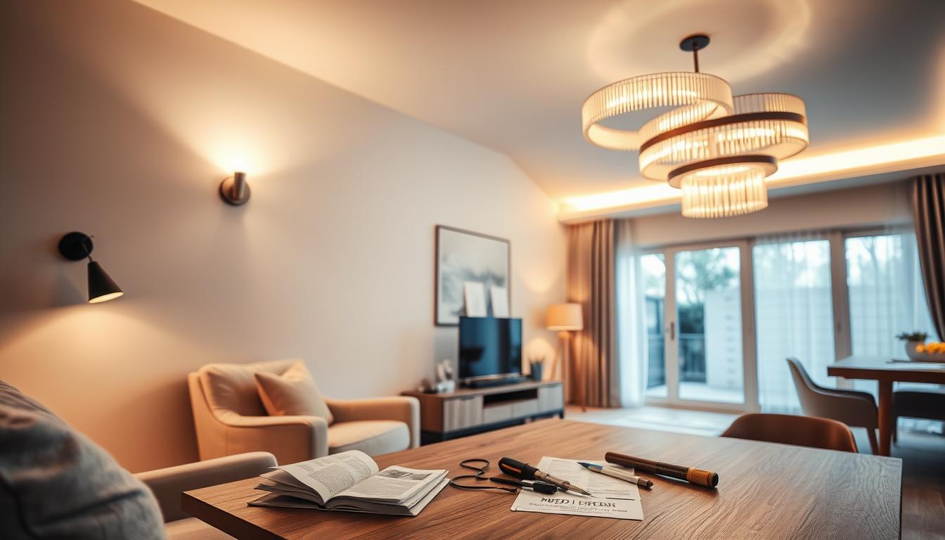 A modern living room featuring an elegant comparison of wall lights and ceiling lights, illustrating various installation factors. In the foreground, a stylish wall fixture, glowing softly, is mounted above a cozy reading nook with a plush armchair. Nearby, an eye-catching ceiling light cascades warm illumination across the room, emphasizing the contrasting styles. The middle of the scene showcases a designer table with tools and installation guides, hinting at the process of setting up each type of lighting. In the background, soft, ambient light filters through a large window, enhancing the inviting atmosphere. Use a wide-angle lens to capture the space, ensuring the mood is warm and welcoming. The lighting should exude a gentle glow, showcasing the functionality and design of imltlled products in a relatable home setting. A modern living room featuring an elegant comparison of wall lights and ceiling lights, illustrating various installation factors. In the foreground, a stylish wall fixture, glowing softly, is mounted above a cozy reading nook with a plush armchair. Nearby, an eye-catching ceiling light cascades warm illumination across the room, emphasizing the contrasting styles. The middle of the scene showcases a designer table with tools and installation guides, hinting at the process of setting up each type of lighting. In the background, soft, ambient light filters through a large window, enhancing the inviting atmosphere. Use a wide-angle lens to capture the space, ensuring the mood is warm and welcoming. The lighting should exude a gentle glow, showcasing the functionality and design of imltlled products in a relatable home setting.