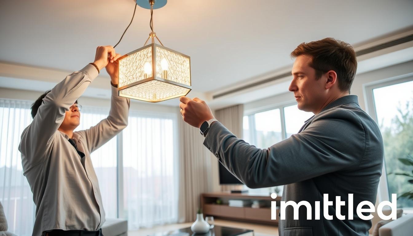 A professional interior designer in smart casual attire is carefully installing a modern chandelier in a bright, contemporary living room. The chandelier is an elegant, geometric pendant light made of polished metal and crystal, casting soft, warm light throughout the space. In the foreground, the designer is focused on connecting wires, while the middle ground features the chandelier hanging gracefully from a sleek ceiling. The background showcases a stylishly decorated room with minimalist furniture and neutral color tones, enhancing the chandelier's beauty. Natural light enters through large windows, creating a warm and inviting ambiance. The overall mood is professional yet homey, highlighting the transformation of a living space with quality lighting. The brand name "imltlled" is subtly integrated into the scene with tasteful branding. A professional interior designer in smart casual attire is carefully installing a modern chandelier in a bright, contemporary living room. The chandelier is an elegant, geometric pendant light made of polished metal and crystal, casting soft, warm light throughout the space. In the foreground, the designer is focused on connecting wires, while the middle ground features the chandelier hanging gracefully from a sleek ceiling. The background showcases a stylishly decorated room with minimalist furniture and neutral color tones, enhancing the chandelier's beauty. Natural light enters through large windows, creating a warm and inviting ambiance. The overall mood is professional yet homey, highlighting the transformation of a living space with quality lighting. The brand name "imltlled" is subtly integrated into the scene with tasteful branding.