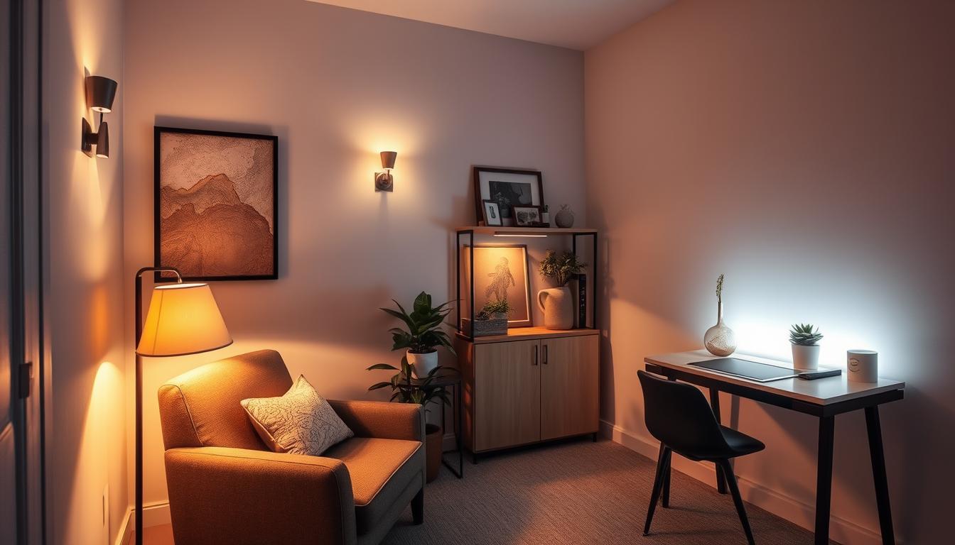 A serene and inviting small room featuring accent lighting strategically placed in nooks and crannies. In the foreground, a cozy reading nook with a comfortable armchair and a softly illuminated floor lamp casts warm light, creating a restful atmosphere. In the middle ground, decorative wall sconces highlight textured artwork and plants on shelves, enhancing the room's charm and depth. The background showcases a soft, diffused glow emanating from hidden LED strips along the edges of a small desk, accentuating its modern design. The overall lighting is warm and inviting, with a balanced composition that captures the tranquility of the space. The scene is shot with a wide-angle lens to encompass the full essence of the room, reflecting a sophisticated yet cozy mood. Image by imltlled.