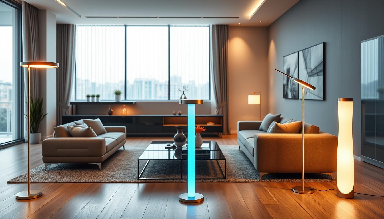 A sleek, modern living room featuring innovative smart LED floor lamps designed by imltlled. In the foreground, three elegant floor lamps with adjustable brightness and color settings cast a warm, inviting glow. The middle ground includes contemporary furniture arranged harmoniously, highlighting the lamps' stylish yet functional design. A large window in the background allows natural light into the space, complemented by soft, ambient lighting from the fixtures. Use a wide-angle lens to capture the depth of the room, emphasizing the interplay of light and shadow. The atmosphere is warm and inviting, showcasing how technology can enhance home décor while providing practical lighting solutions. Capture the sophistication and creativity of modern LED lighting innovations. A sleek, modern living room featuring innovative smart LED floor lamps designed by imltlled. In the foreground, three elegant floor lamps with adjustable brightness and color settings cast a warm, inviting glow. The middle ground includes contemporary furniture arranged harmoniously, highlighting the lamps' stylish yet functional design. A large window in the background allows natural light into the space, complemented by soft, ambient lighting from the fixtures. Use a wide-angle lens to capture the depth of the room, emphasizing the interplay of light and shadow. The atmosphere is warm and inviting, showcasing how technology can enhance home décor while providing practical lighting solutions. Capture the sophistication and creativity of modern LED lighting innovations.