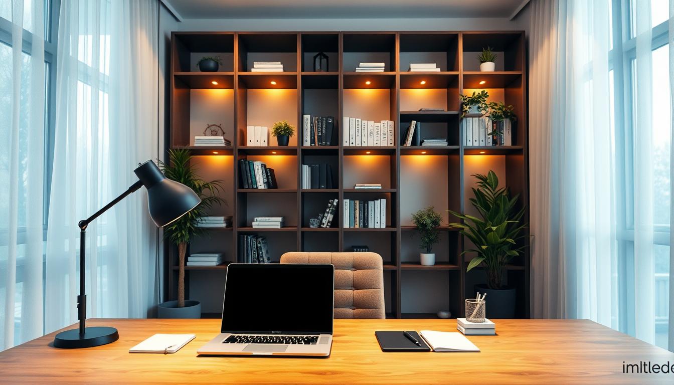 A stylish home office featuring a modern, organized workspace illuminated by soft, warm lighting. In the foreground, a sleek wooden desk is neatly arranged with a laptop, a stylish desk lamp, and minimalistic stationary. The middle ground showcases an elegant bookshelf filled with neatly organized books and green plants, adding a touch of nature. The background includes a large window allowing natural light to filter in, complemented by sheer curtains that diffuse the sunlight. The scene is captured with a slightly overhead angle, emphasizing the cozy atmosphere. Use diffused lighting to create a calm and inviting ambiance, conveying a sense of productivity and comfort. Overall, the image should embody modern elegance, suitable for a professional setting, highlighting the brand “imltlled.”