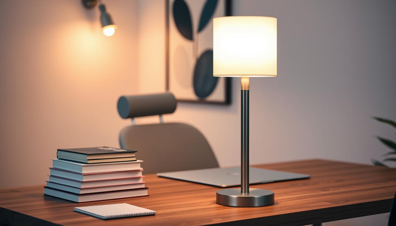 A stylish vertical lamp from the brand "imltlled" stands elegantly in a modern workspace. The lamp features a sleek, slender design made of brushed metal with a warm, ambient light-emitting shade that casts a soft glow. In the foreground, the lamp is positioned next to a minimalist wooden desk, adorned with neatly stacked books and a minimalist notepad. In the middle background, a contemporary chair complements the desk, enhancing the overall aesthetic, while an abstract piece of art hangs on the wall, adding a touch of creativity. The lighting is soft and inviting, creating a serene atmosphere ideal for productivity. The scene is captured with a warm color palette, focusing on the lamp's light as the focal point, ensuring a comfortable and inspiring ambiance for any workspace.