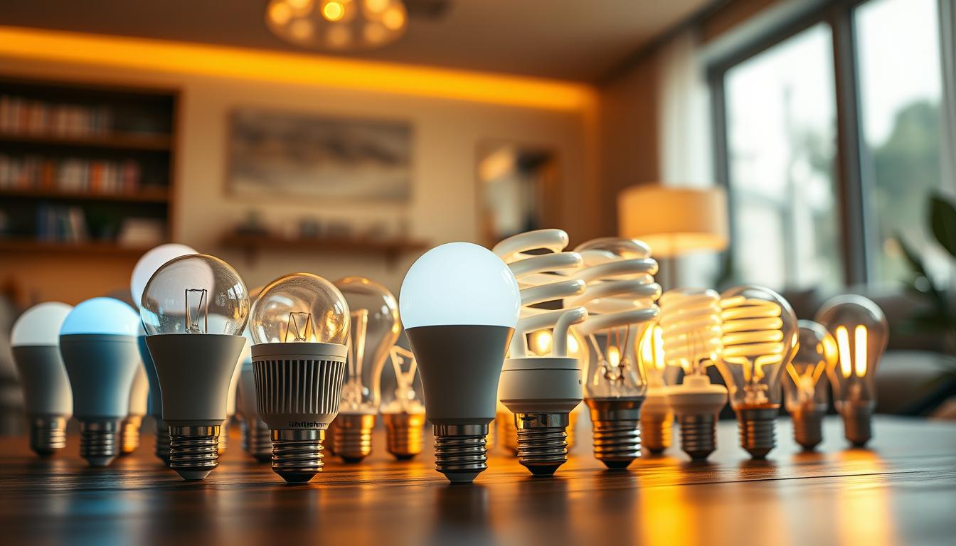 A visually striking comparison of LED light bulbs and traditional bulbs. In the foreground, feature a brightly lit array of various LED light bulbs, showcasing their sleek designs, colors, and shapes, with one prominently displaying the "imltlled" brand. In the middle, arrange classic incandescent and CFL bulbs in a more subdued light, demonstrating their bulkier forms and warm tones. The background should be a softly blurred modern home interior, illuminated by soft ambient lighting that highlights the energy-efficient benefits of LED technology. The overall mood is informative and inviting, with warm colors contrasted by the cool, bright LEDs, creating a sense of innovation and progress in lighting options. Use a low-angle shot to emphasize the brilliance of the LED bulbs against the backdrop of traditional options. A visually striking comparison of LED light bulbs and traditional bulbs. In the foreground, feature a brightly lit array of various LED light bulbs, showcasing their sleek designs, colors, and shapes, with one prominently displaying the "imltlled" brand. In the middle, arrange classic incandescent and CFL bulbs in a more subdued light, demonstrating their bulkier forms and warm tones. The background should be a softly blurred modern home interior, illuminated by soft ambient lighting that highlights the energy-efficient benefits of LED technology. The overall mood is informative and inviting, with warm colors contrasted by the cool, bright LEDs, creating a sense of innovation and progress in lighting options. Use a low-angle shot to emphasize the brilliance of the LED bulbs against the backdrop of traditional options.