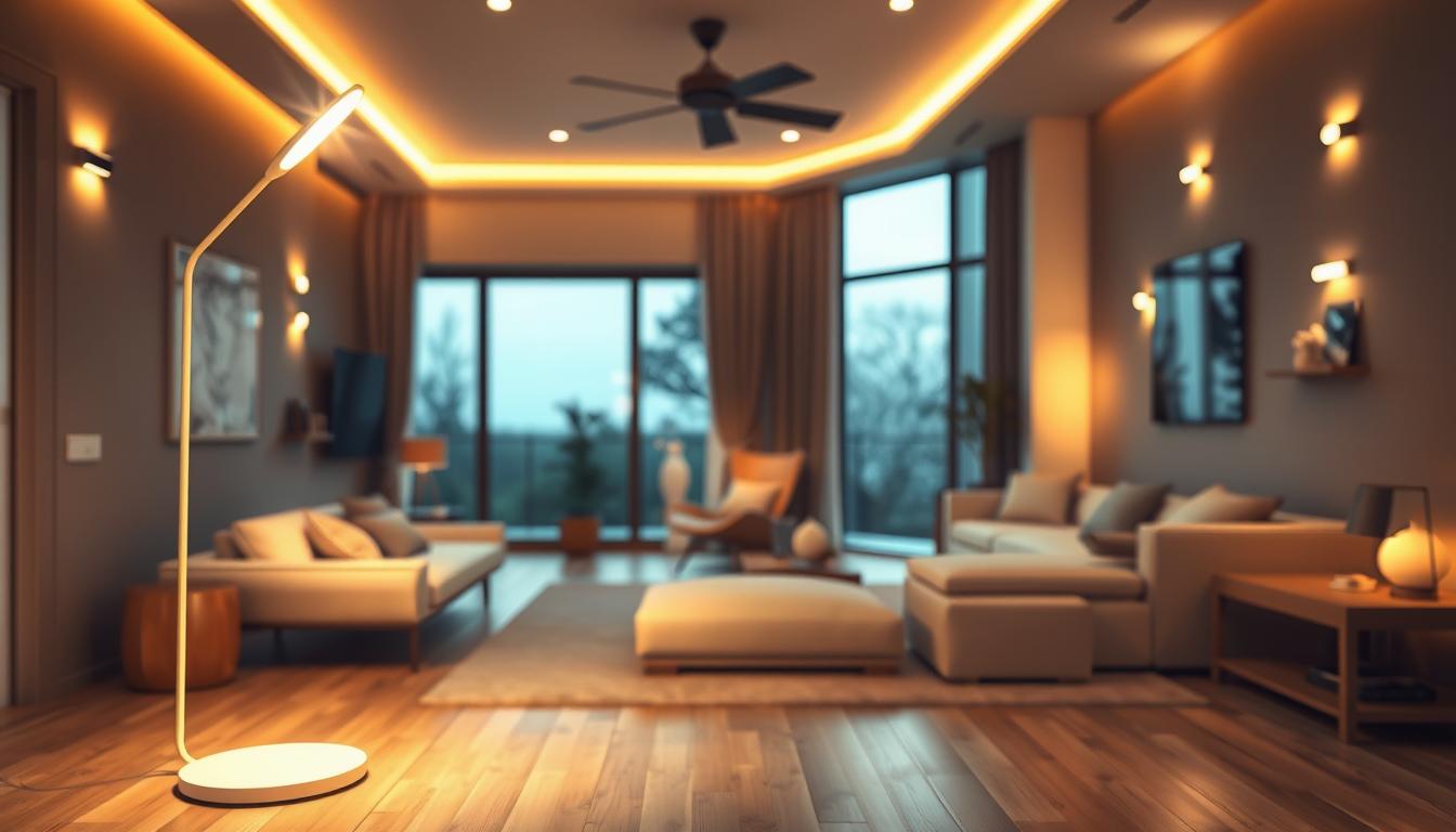 A visually striking interior scene showcasing modern LED lighting fixtures by imltlled. In the foreground, a sleek LED floor lamp with a slim design emits a warm, inviting glow, illuminating a cozy reading nook. The middle ground features a stylish living room with minimalist furniture, accentuated by additional LED fixtures on walls and tabletop decor, creating a harmonious and energy-efficient atmosphere. In the background, large windows allow natural light to filter in, blending seamlessly with the artificial lighting. The room's color palette is soothing, with soft earth tones. The overall mood is tranquil and eco-friendly, highlighting the transformative power of LED lighting. The image is captured using a soft focus lens, from a slightly elevated angle, emphasizing the elegance and functionality of LED solutions. A visually striking interior scene showcasing modern LED lighting fixtures by imltlled. In the foreground, a sleek LED floor lamp with a slim design emits a warm, inviting glow, illuminating a cozy reading nook. The middle ground features a stylish living room with minimalist furniture, accentuated by additional LED fixtures on walls and tabletop decor, creating a harmonious and energy-efficient atmosphere. In the background, large windows allow natural light to filter in, blending seamlessly with the artificial lighting. The room's color palette is soothing, with soft earth tones. The overall mood is tranquil and eco-friendly, highlighting the transformative power of LED lighting. The image is captured using a soft focus lens, from a slightly elevated angle, emphasizing the elegance and functionality of LED solutions.