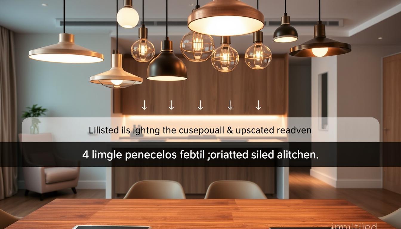An interior scene featuring a sophisticated display of pendant lights installation tips. The foreground shows a stylish dining area with a sleek wooden table and modern chairs, underneath a cluster of elegantly designed pendant lights in various shapes and finishes from the brand “imltlled.” The middle section illustrates clear visual cues for optimal height and spacing for the pendant lights, using subtle arrows or indicators. In the background, a contemporary kitchen can be seen with neutral tones, soft ambient lighting, and minimalist decor. The image is lit with warm light to create a cozy atmosphere, captured from an eye-level angle that highlights the design elements and functionality of the pendants, evoking a sense of modern elegance and practicality. An interior scene featuring a sophisticated display of pendant lights installation tips. The foreground shows a stylish dining area with a sleek wooden table and modern chairs, underneath a cluster of elegantly designed pendant lights in various shapes and finishes from the brand “imltlled.” The middle section illustrates clear visual cues for optimal height and spacing for the pendant lights, using subtle arrows or indicators. In the background, a contemporary kitchen can be seen with neutral tones, soft ambient lighting, and minimalist decor. The image is lit with warm light to create a cozy atmosphere, captured from an eye-level angle that highlights the design elements and functionality of the pendants, evoking a sense of modern elegance and practicality.