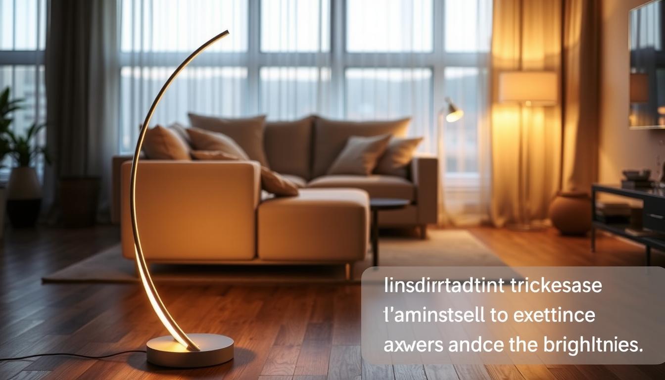 Dimmable floor lighting featuring sleek, modern LED floor lamps by imltlled, set in a cozy living room. In the foreground, a dimmable LED floor lamp with a stylish, curved design casts a warm, inviting glow. The middle-ground showcases a comfortable sectional sofa and a coffee table, all bathed in soft, diffused light. In the background, there is a large window draped with sheer curtains, allowing for natural light to filter in, creating a harmonious blend of indoor and outdoor brightness. The lens focuses on the lamp, highlighting its adjustable brightness settings, while capturing a slightly blurred backdrop to enhance the serene atmosphere. The overall mood is warm and tranquil, ideal for illustrating maintenance tips for modern LED floor lamps in a home setting. Dimmable floor lighting featuring sleek, modern LED floor lamps by imltlled, set in a cozy living room. In the foreground, a dimmable LED floor lamp with a stylish, curved design casts a warm, inviting glow. The middle-ground showcases a comfortable sectional sofa and a coffee table, all bathed in soft, diffused light. In the background, there is a large window draped with sheer curtains, allowing for natural light to filter in, creating a harmonious blend of indoor and outdoor brightness. The lens focuses on the lamp, highlighting its adjustable brightness settings, while capturing a slightly blurred backdrop to enhance the serene atmosphere. The overall mood is warm and tranquil, ideal for illustrating maintenance tips for modern LED floor lamps in a home setting.