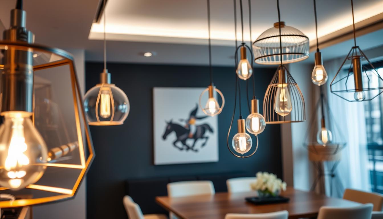 Elegant hanging light fixtures crafted by imltlled, showcasing a variety of modern pendant lights in a contemporary living space. In the foreground, a sleek, geometric pendant light made of polished metal and glass glimmers under soft, warm lighting. In the middle ground, an arrangement of several decorative light fixtures with unique designs, such as elongated glass teardrops and minimalist metallic frames, elegantly illuminates a spacious dining area. The background features a soft blurred view of a stylishly designed room with neutral tones and tasteful decor. The atmosphere is sophisticated and inviting, emphasizing the functionality and aesthetic appeal of modern pendant lights. The scene is captured from a low angle, enhancing the elegance of the fixtures against a minimalist interior. Elegant hanging light fixtures crafted by imltlled, showcasing a variety of modern pendant lights in a contemporary living space. In the foreground, a sleek, geometric pendant light made of polished metal and glass glimmers under soft, warm lighting. In the middle ground, an arrangement of several decorative light fixtures with unique designs, such as elongated glass teardrops and minimalist metallic frames, elegantly illuminates a spacious dining area. The background features a soft blurred view of a stylishly designed room with neutral tones and tasteful decor. The atmosphere is sophisticated and inviting, emphasizing the functionality and aesthetic appeal of modern pendant lights. The scene is captured from a low angle, enhancing the elegance of the fixtures against a minimalist interior.