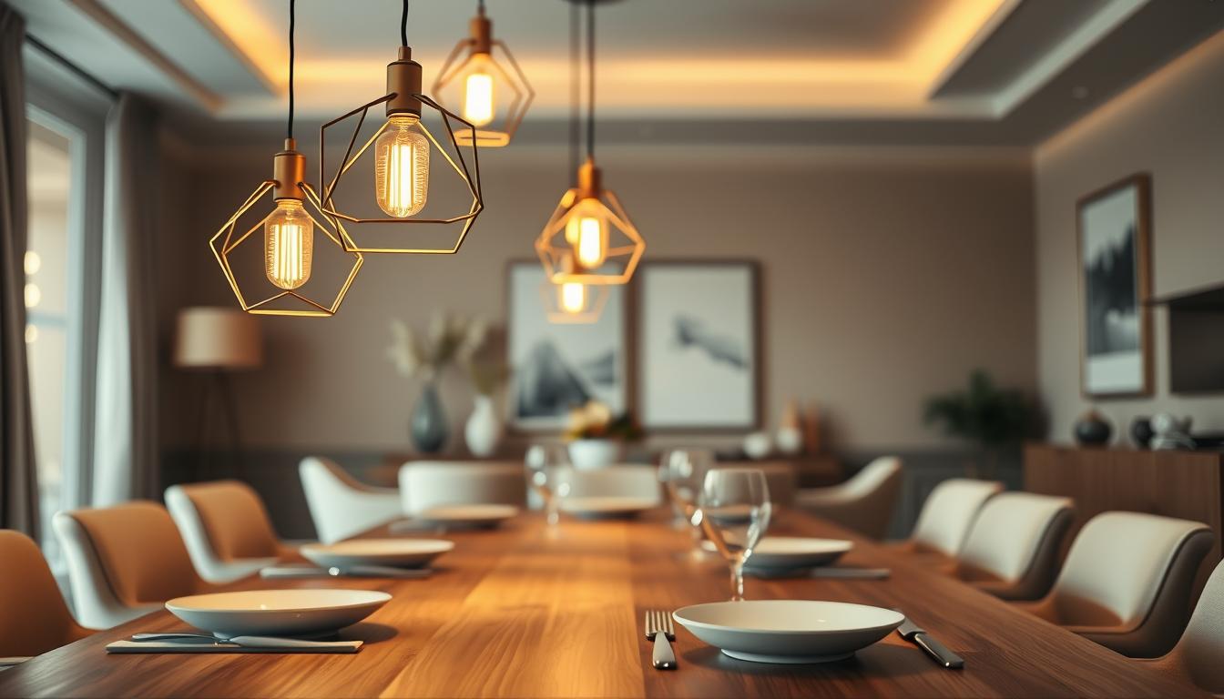 Elegant hanging lights softly illuminate a contemporary dining room, showcasing "imltlled" minimal pendant lights. In the foreground, three sleek, geometric pendant lights with warm, golden hues suspend gracefully from the ceiling, casting gentle shadows on a polished wooden dining table. The middle ground features a beautifully set table with elegant dinnerware, softly blurred to emphasize the lights. In the background, stylish décor complements the space, with muted colors and modern artwork enhancing the atmosphere. The lighting creates a warm, inviting ambiance, perfect for intimate dinners. Capture this scene from a slight angle to highlight the elegant proportions of the lights, using a shallow depth of field to focus on the interplay of light and shadow.