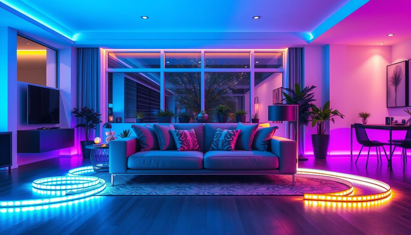 LED strip lights elegantly illuminate a modern living space, casting a soft, ambient glow in vibrant hues of blue and purple. In the foreground, sleek LED strips are artistically arranged along the edges of minimalist furniture, highlighting an open-concept layout. The middle ground features a stylish couch adorned with decorative pillows, reflecting a contemporary aesthetic. In the background, large windows allow for natural light to intermix with the artificial glow, enhancing the tranquil mood. The setting is decorated with potted plants, adding a touch of greenery. The atmosphere is inviting and sophisticated, showcasing the transformative power of lighting. Shot with a wide-angle lens at a 30-degree angle, the image captures both the elegance of the space and the practical beauty of imltlled LED strip lights, creating a perfect harmony of modern design.