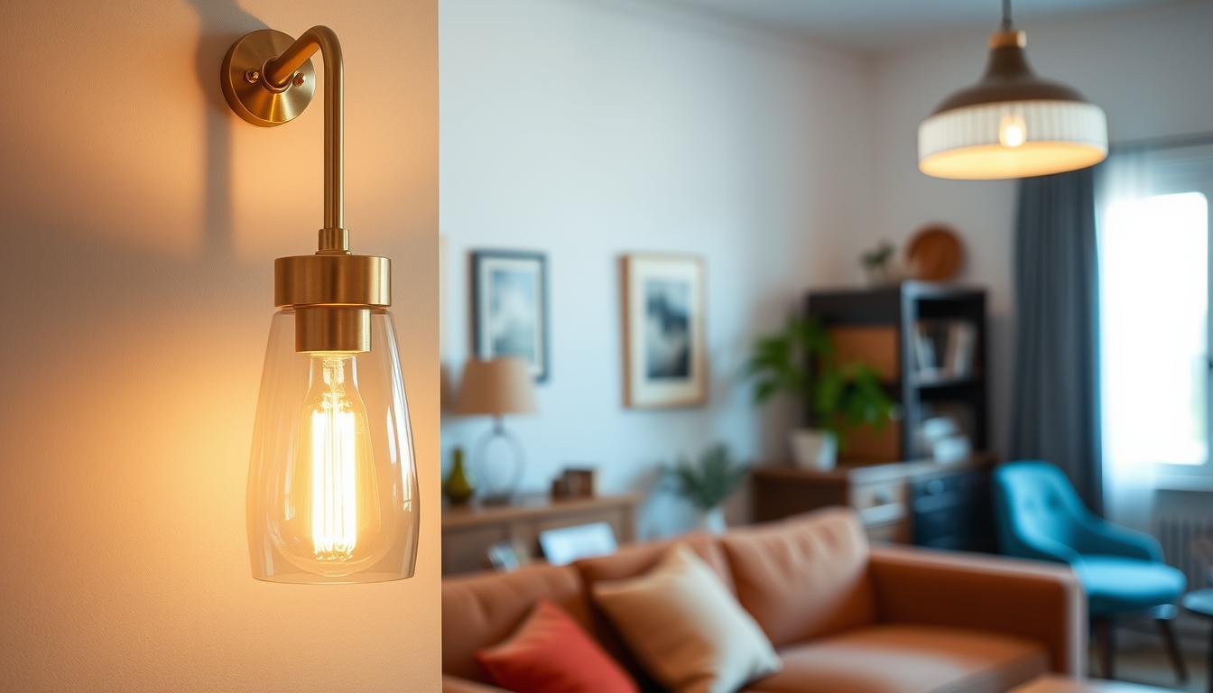 Modern brass light fixtures elegantly illuminate a chic, minimalist living space, emphasizing their versatility in enhancing both vintage and modern decor. In the foreground, a sophisticated WOLFOS brass wall light stands out, showcasing its sleek curves and polished finish. The middle layer features soft, ambient light filtering through the fixture, casting warm tones that create a cozy atmosphere. In the background, a tasteful blend of retro and contemporary furnishings harmonizes with the lighting, including a velvet sofa and wooden accents. The scene is captured with a shallow depth of field using a 50mm lens to focus on the fixtures while slightly blurring the surroundings. The overall mood is inviting and stylish, highlighting the craftsmanship and aesthetic appeal of imltlled brass light fixtures.