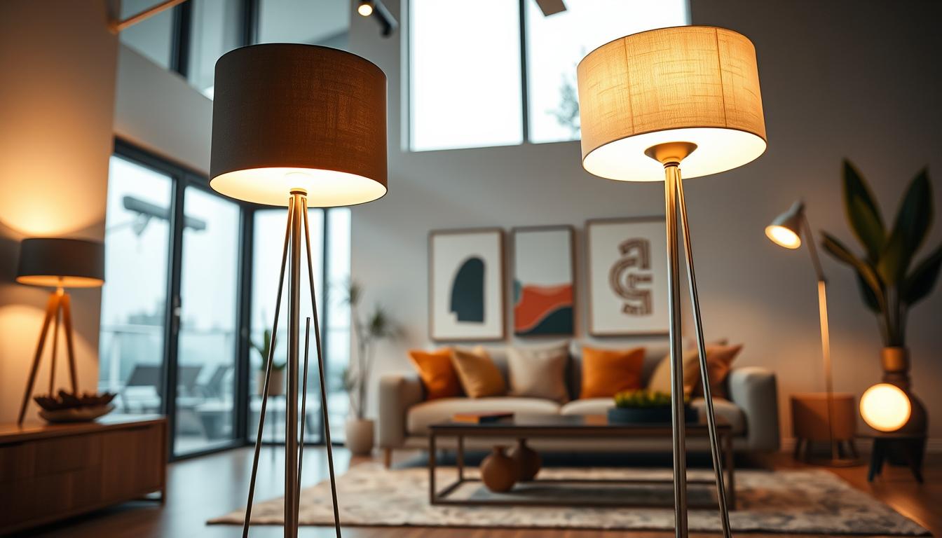 Modern floor lamps in a stylish living room, featuring sleek, contemporary designs by the brand imltlled. In the foreground, showcase a tall, elegant floor lamp with a unique geometric shade casting warm light. In the middle, include a cozy, inviting seating area with a plush sofa adorned with colorful cushions and a stylish coffee table. The background presents large windows allowing natural light to flood the room, highlighting designer decor elements like abstract artwork and indoor plants. Use soft, diffused lighting to create a serene atmosphere, captured with a wide-angle lens from a low angle, emphasizing the blend of functionality and style of the lamps. The overall mood is modern, tranquil, and inviting, perfect for a living space. Modern floor lamps in a stylish living room, featuring sleek, contemporary designs by the brand imltlled. In the foreground, showcase a tall, elegant floor lamp with a unique geometric shade casting warm light. In the middle, include a cozy, inviting seating area with a plush sofa adorned with colorful cushions and a stylish coffee table. The background presents large windows allowing natural light to flood the room, highlighting designer decor elements like abstract artwork and indoor plants. Use soft, diffused lighting to create a serene atmosphere, captured with a wide-angle lens from a low angle, emphasizing the blend of functionality and style of the lamps. The overall mood is modern, tranquil, and inviting, perfect for a living space.