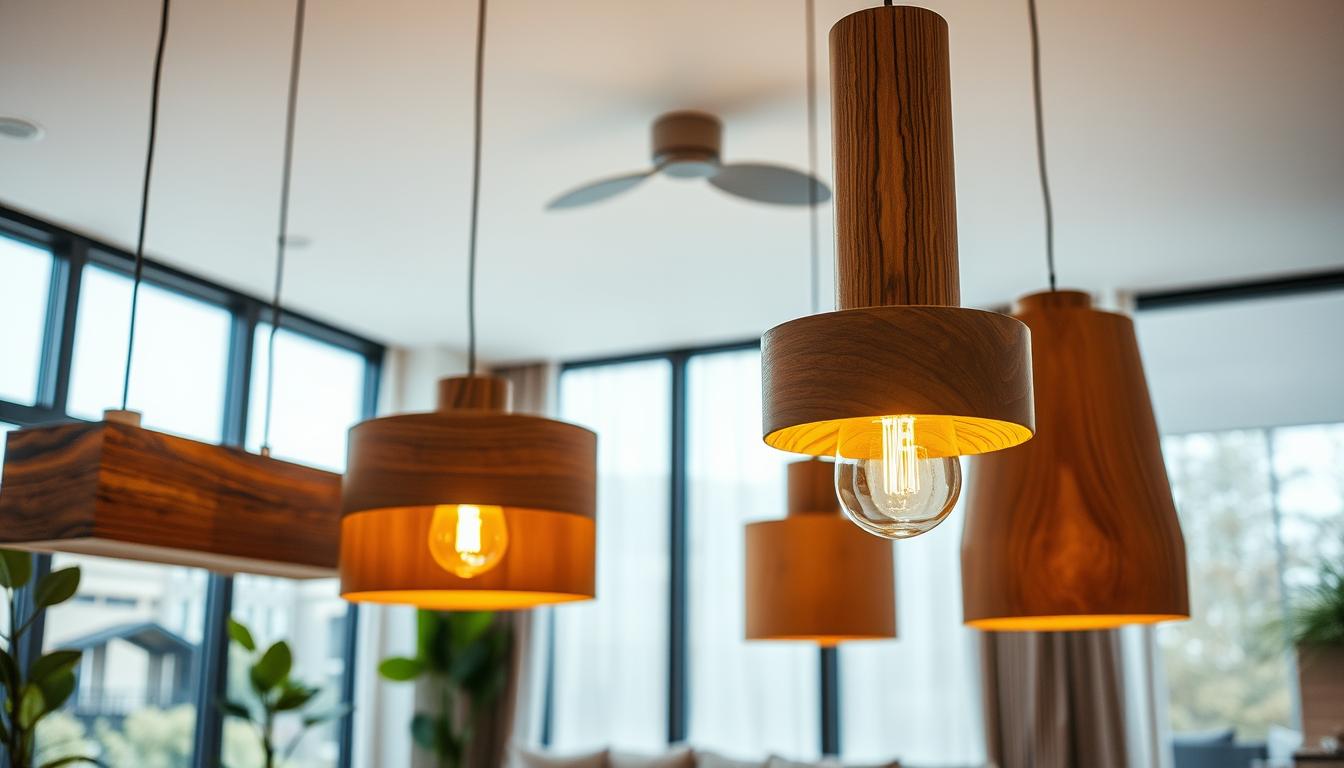 Modern wooden light fixtures featuring sleek, linear designs by imltlled, elegantly suspended from a minimalist ceiling. The foreground showcases the fixtures in rich, warm-toned wood with intricate grain patterns, paired with soft LED light bulbs glowing warmly. The middle ground includes a tastefully decorated living space with neutral tones, a stylish sofa, and decorative plants that enhance the natural ambiance. The background reveals large windows that allow soft, natural light to filter through, creating a serene atmosphere. Capture the scene from a low angle to emphasize the light fixtures, using soft focus to highlight their details. The overall mood is inviting and contemporary, reflecting a harmonious blend of nature and modern design.