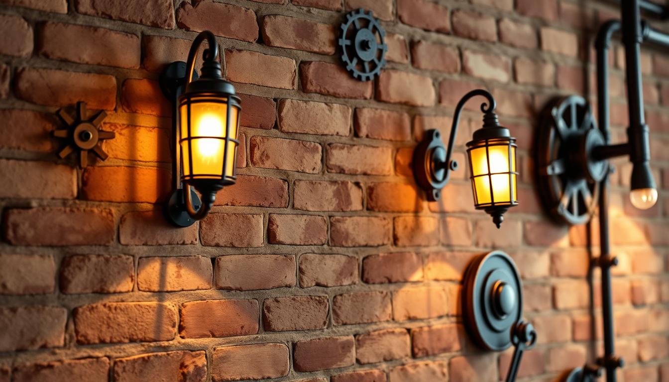 Rustic wall sconces with a vintage industrial design, featuring wrought iron and aged wood as primary materials. The sconces should be mounted on a weathered brick wall, casting warm, ambient light around. In the foreground, soft shadows play on the brick, enhancing the texture. The middle ground showcases two ornate sconces, each with a frosted glass shade, emitting a gentle glow. The background includes a softly blurred collection of industrial decor elements, like gears and pipes, giving a cohesive yet understated atmosphere. Utilized warm lighting to highlight the textures and evoke a cozy, inviting ambiance. Captured from a slight angle to accentuate the depth and character of the sconces, reflecting quality craftsmanship from the brand "imltlled".