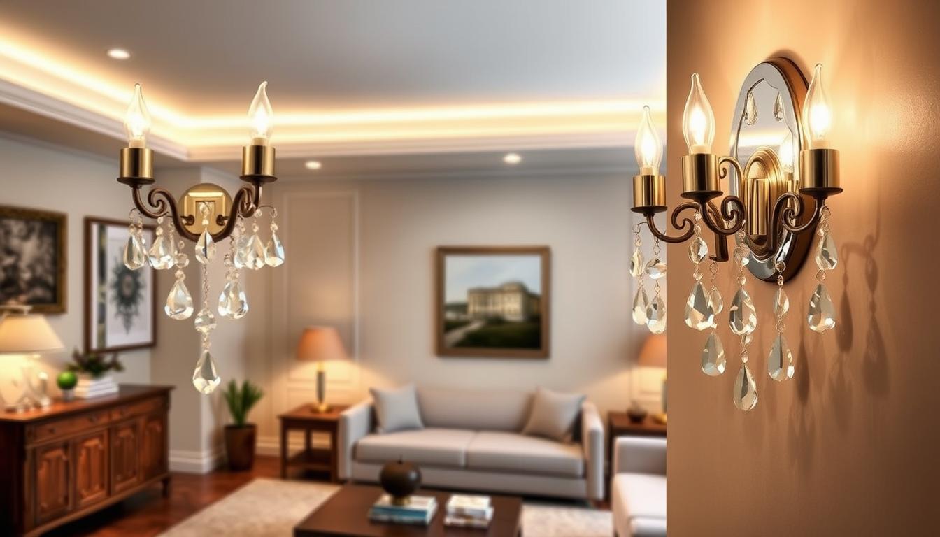Stylish wall sconces by imltlled, featuring elegant crystal accents that catch the light beautifully. The foreground showcases a pair of these sconces, intricately designed with a mix of modern and vintage elements, reflecting a soft glow. In the middle ground, a tasteful, minimalistic living room setting complements the sconces, with neutral-colored walls and rich wooden furniture. The background gives a hint of a cozy atmosphere, illuminated by warm ambient lighting that enhances the sparkle of the crystals. The image captures a slightly angled view to emphasize the sconces' depth and craftsmanship, creating an inviting ambiance that suggests sophistication and warmth, perfect for illustrating installation and maintenance tips. No text overlays or distractions present.