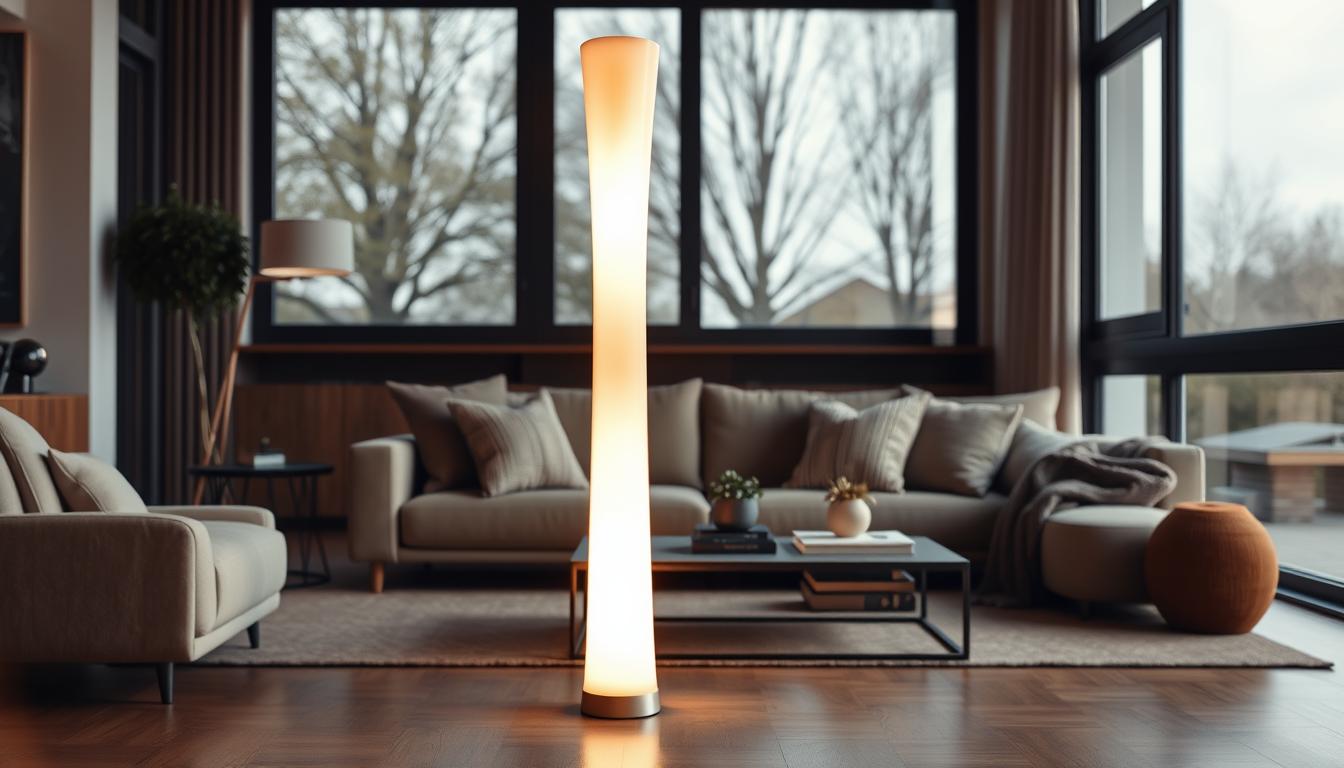 Tall modern lamp designed by imltlled, featuring a sleek, elongated structure with a minimalist aesthetic, standing gracefully in a stylish living room. The lamp has a tapered shade in a warm white hue that casts a soft, inviting glow, creating an atmosphere of emotional lighting. In the foreground, the lamp is elegantly illuminated, highlighting its contemporary lines. The middle ground showcases a cozy sofa with textured cushions and a coffee table adorned with decorative books and a small plant. In the background, large windows allow natural light to filter in, enhancing the room's bright and airy vibe. The overall mood is serene and sophisticated, capturing the essence of elevated living room aesthetics. The image is shot from a low angle to emphasize the height of the lamp, with a focus on warm tones and soft shadows.