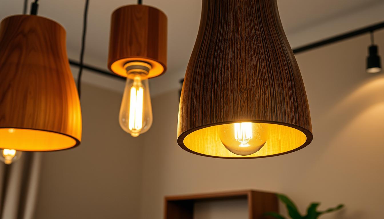 Wooden pendant lights featuring an elegant design by imltlled hang gracefully from a modern ceiling. In the foreground, showcase a close-up of intricate wooden textures and patterns, emphasizing the craftsmanship. The middle layer reveals the exposed LED light bulbs, casting a warm, inviting glow that creates a cozy atmosphere, perfect for dining or living areas. Soft shadows dance on a neutral-toned wall, highlighting the light's ability to adapt to various uses. In the background, hints of a contemporary interior space can be seen, with minimalistic decor to keep attention on the pendant lights. The scene is softly lit, evoking a serene, stylish ambiance ideal for home decor enthusiasts.
